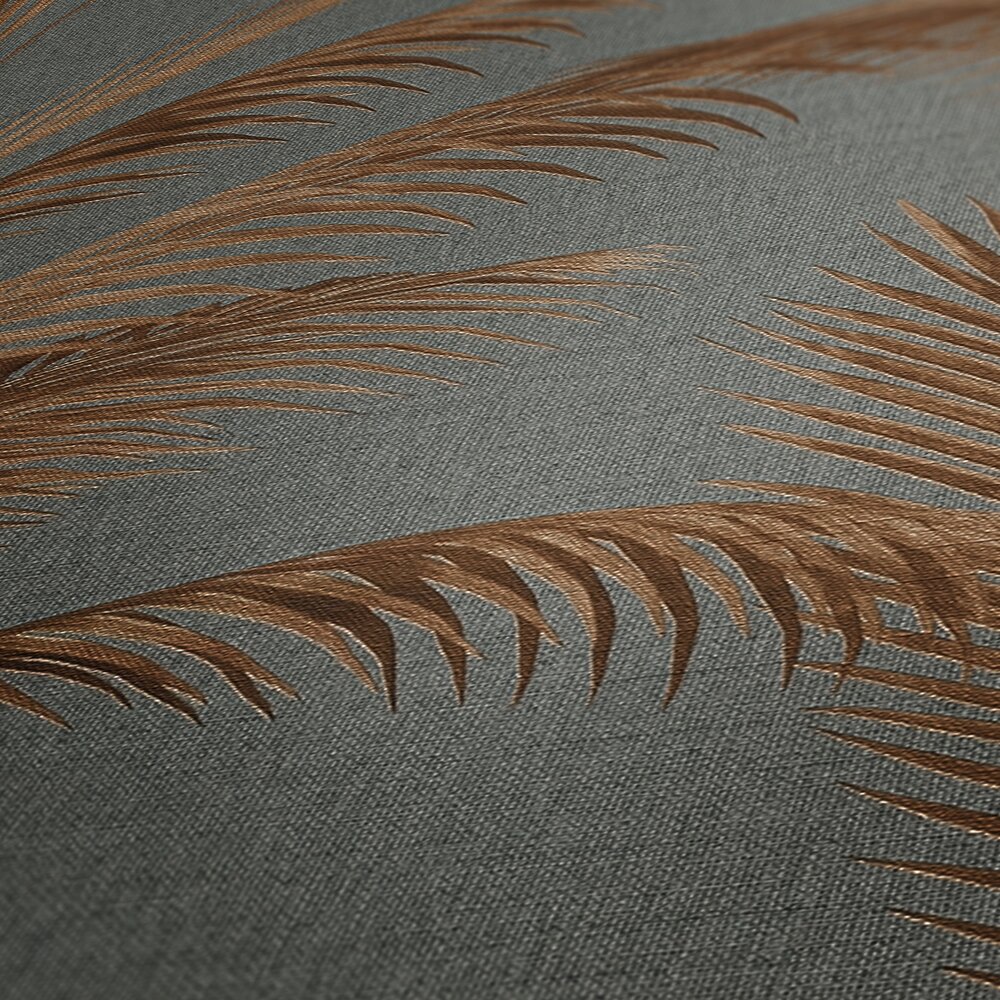             Non-woven wallpaper with palm tree pattern and metallic accents in gold - grey, rust, metallic
        