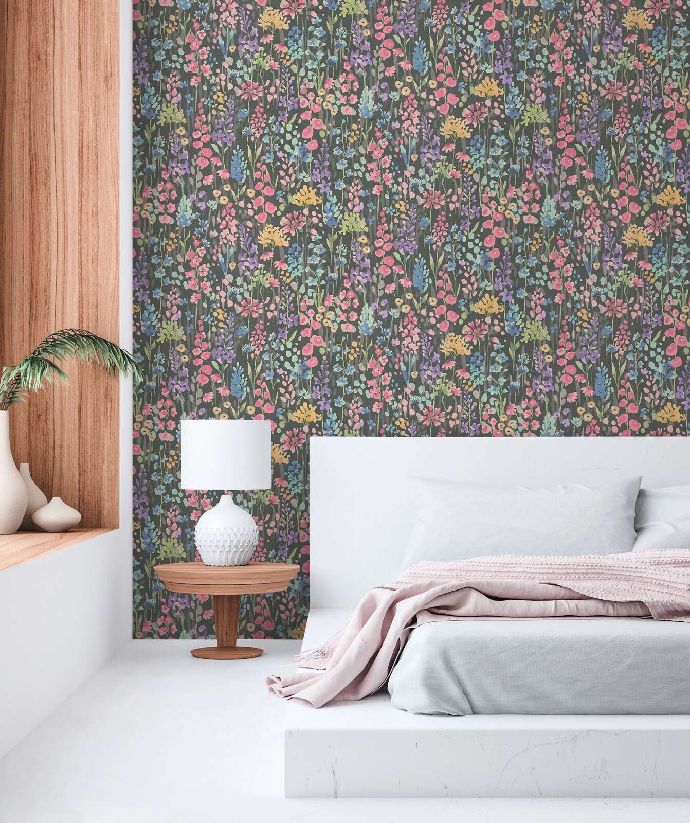             Non-woven wallpaper colourful flower meadow in watercolour look - colourful, black, pink
        