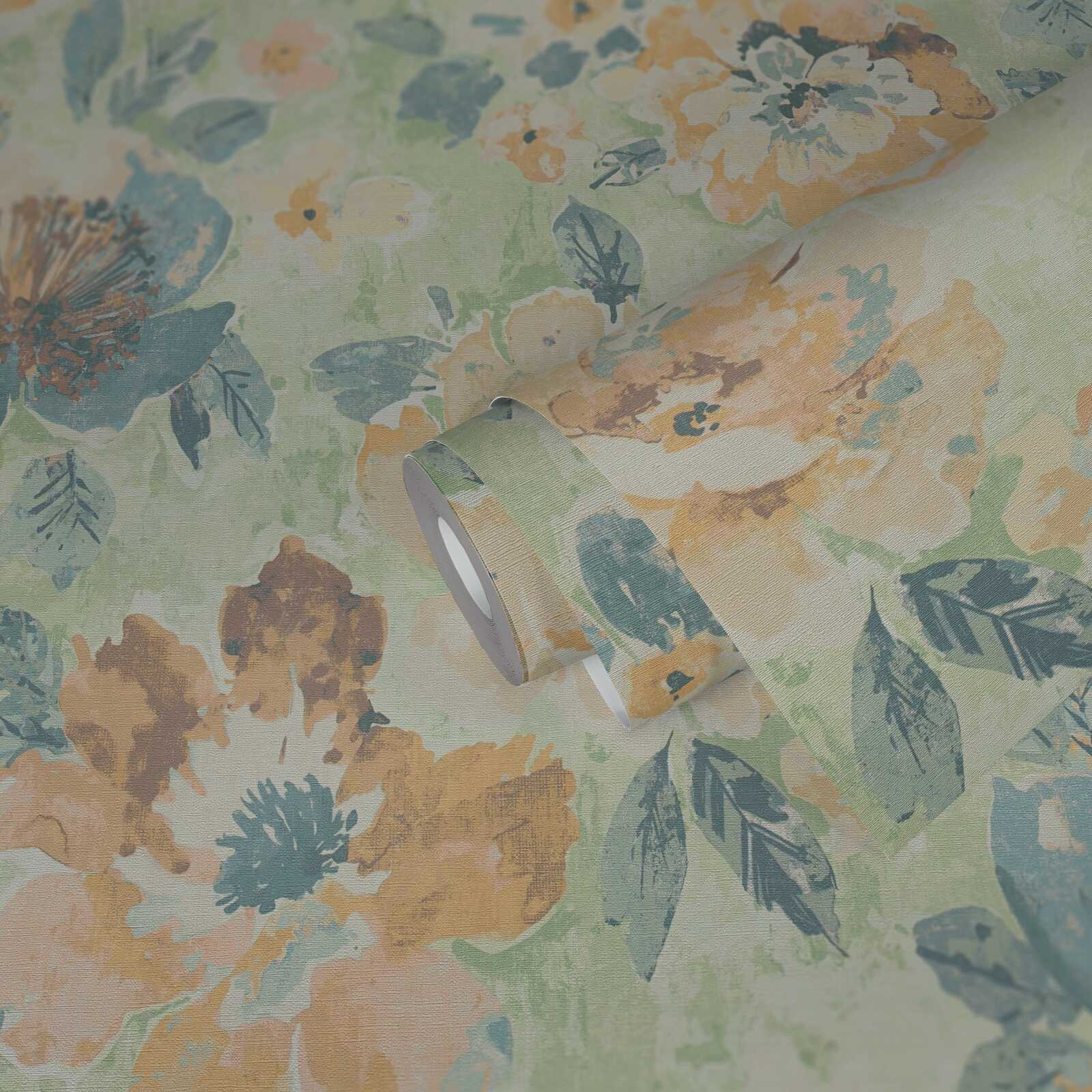             Non-woven floral wallpaper in watercolour and vintage design - colourful, green, yellow
        