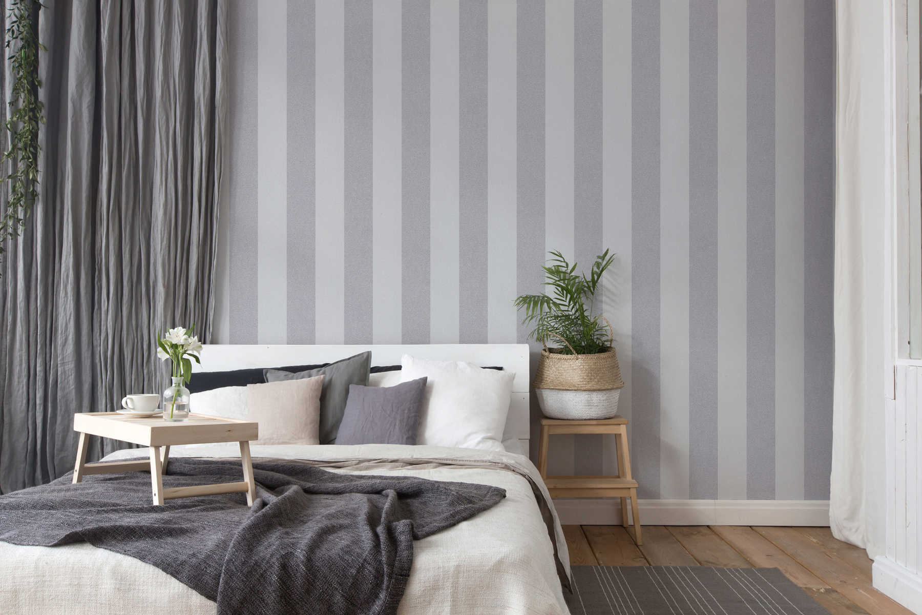             Block stripes wallpaper with linen look - blue, grey
        