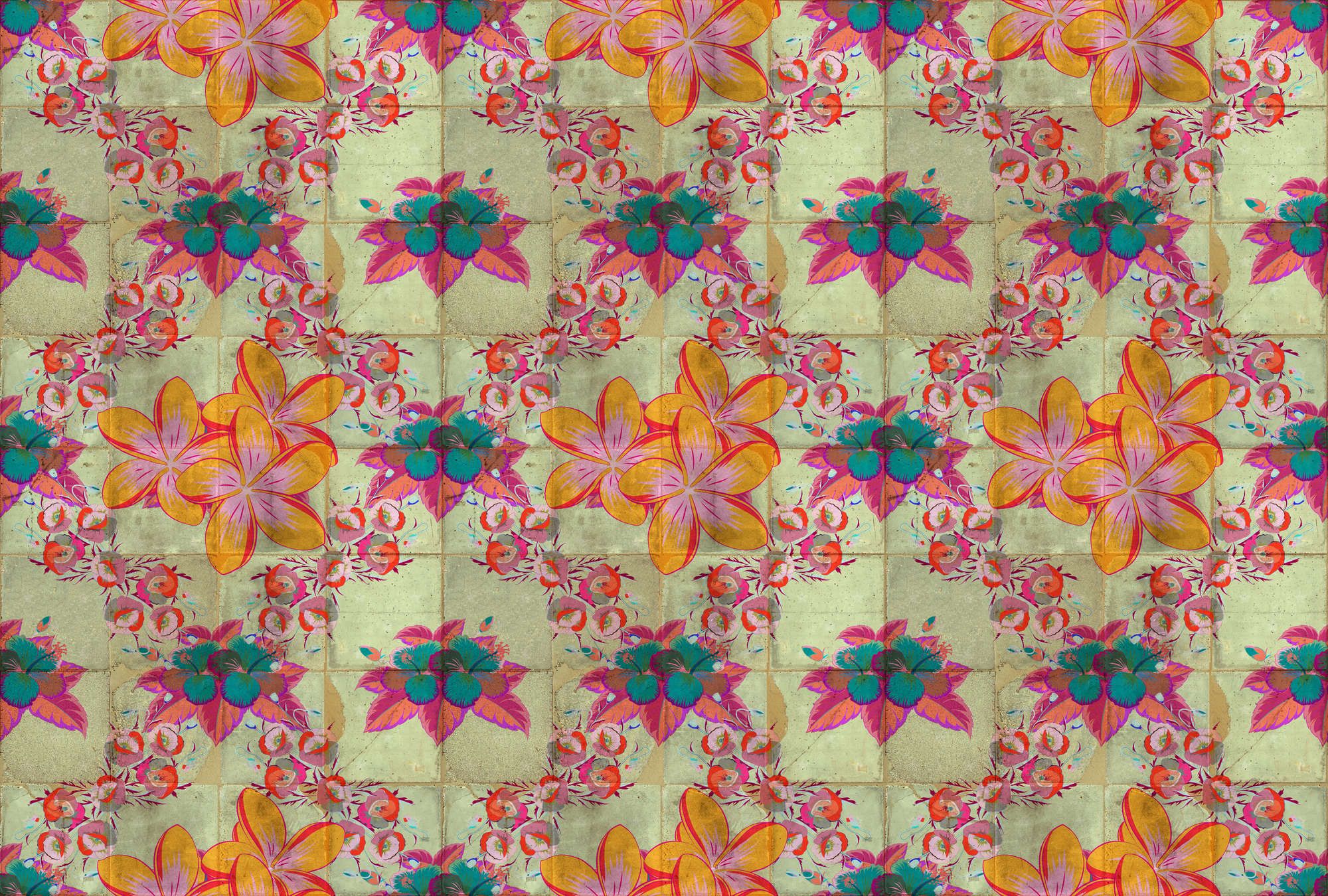             Fotomural »jolie« - Diseño floral con efecto caleidoscopio sobre estructura de baldosas de hormigón - Material no tejido de textura ligera
        