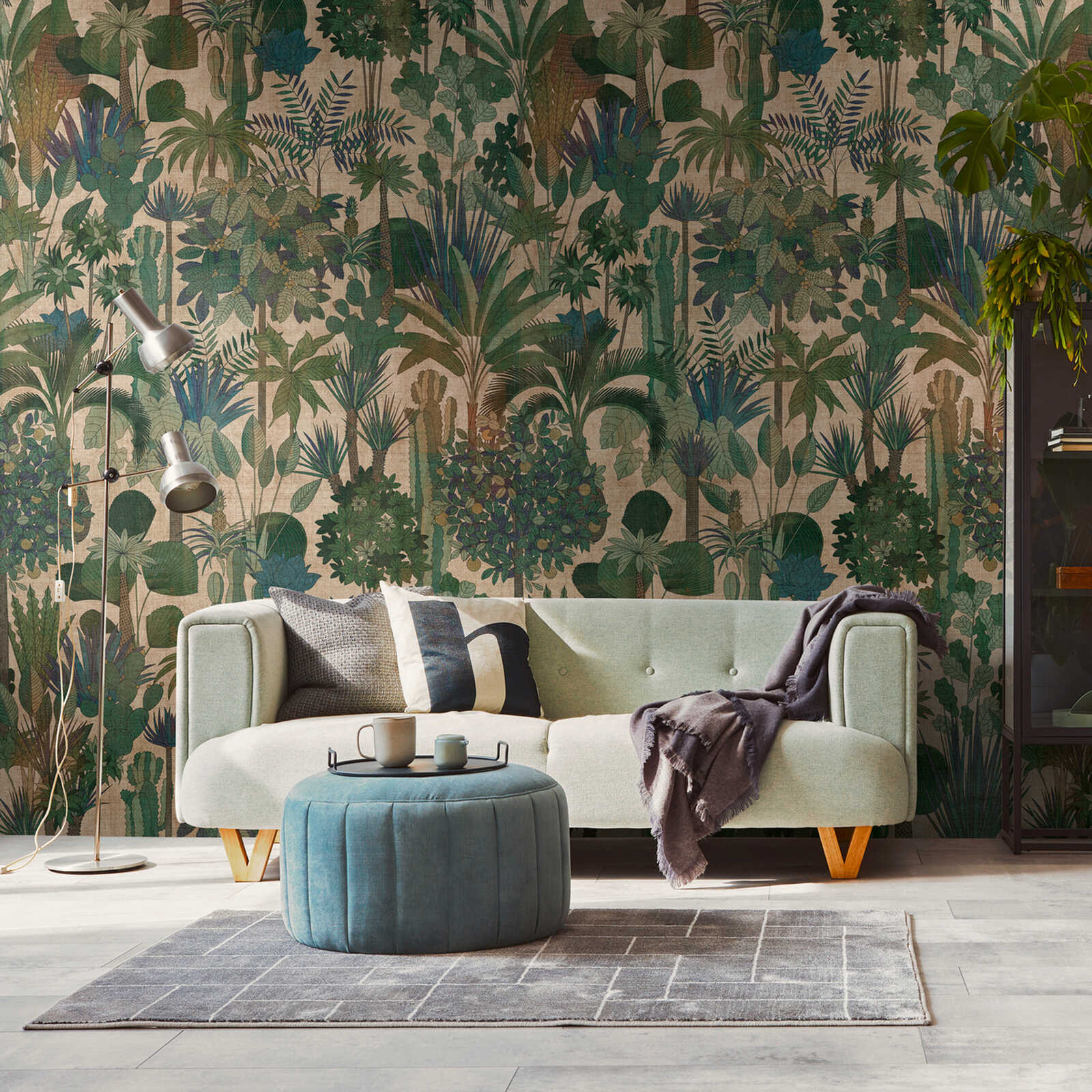 Non-woven jungle wallpaper with tropical plant motifs in a vintage look - green, beige, brown
