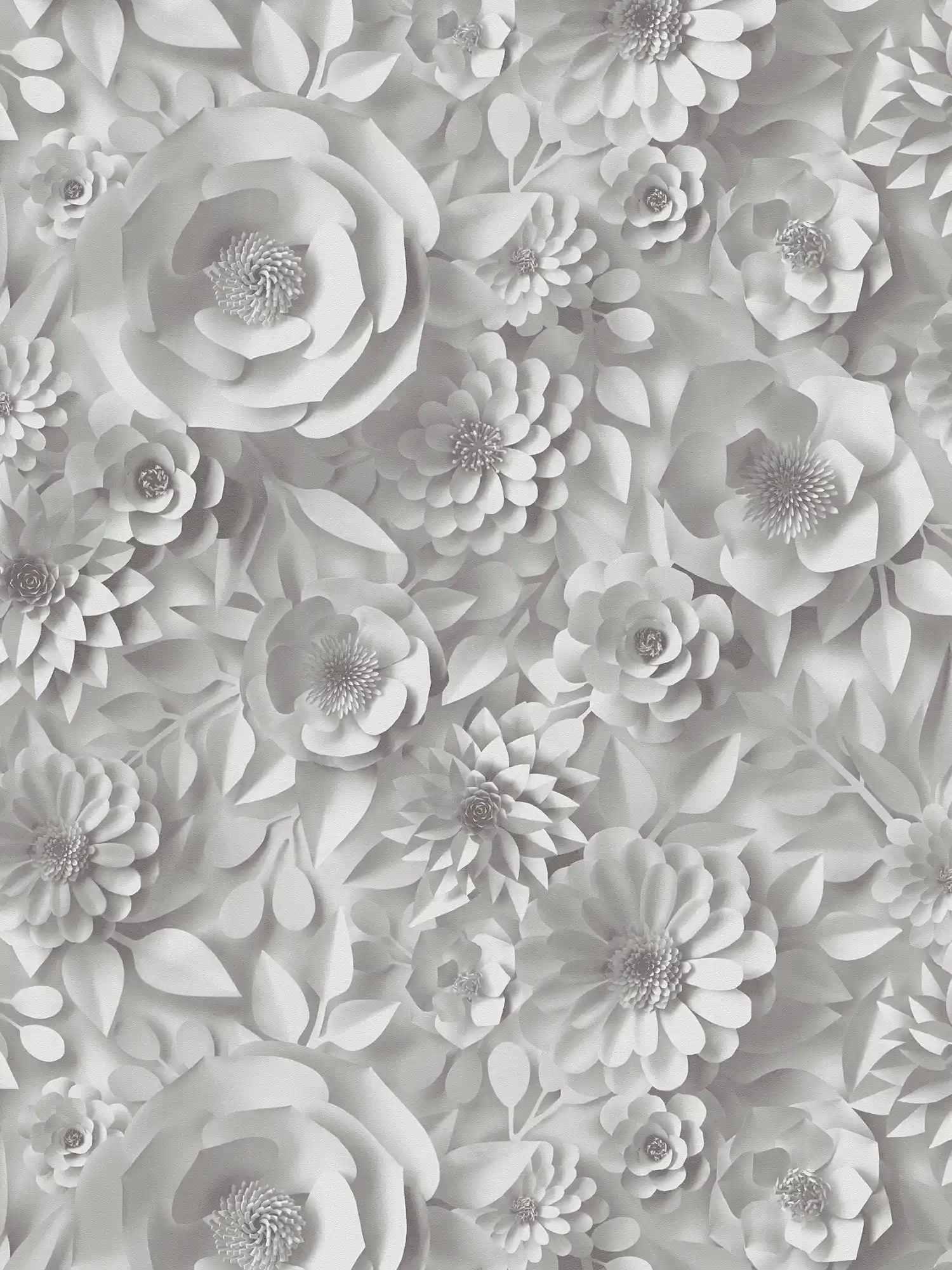 3D wallpaper with paper flowers, graphic floral pattern - white
