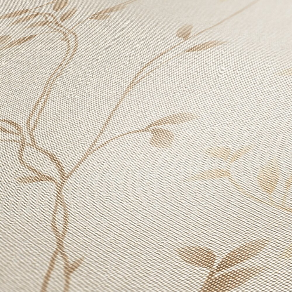             Non-woven wallpaper with subtle tendril pattern and textile surface - beige, cream, brown
        