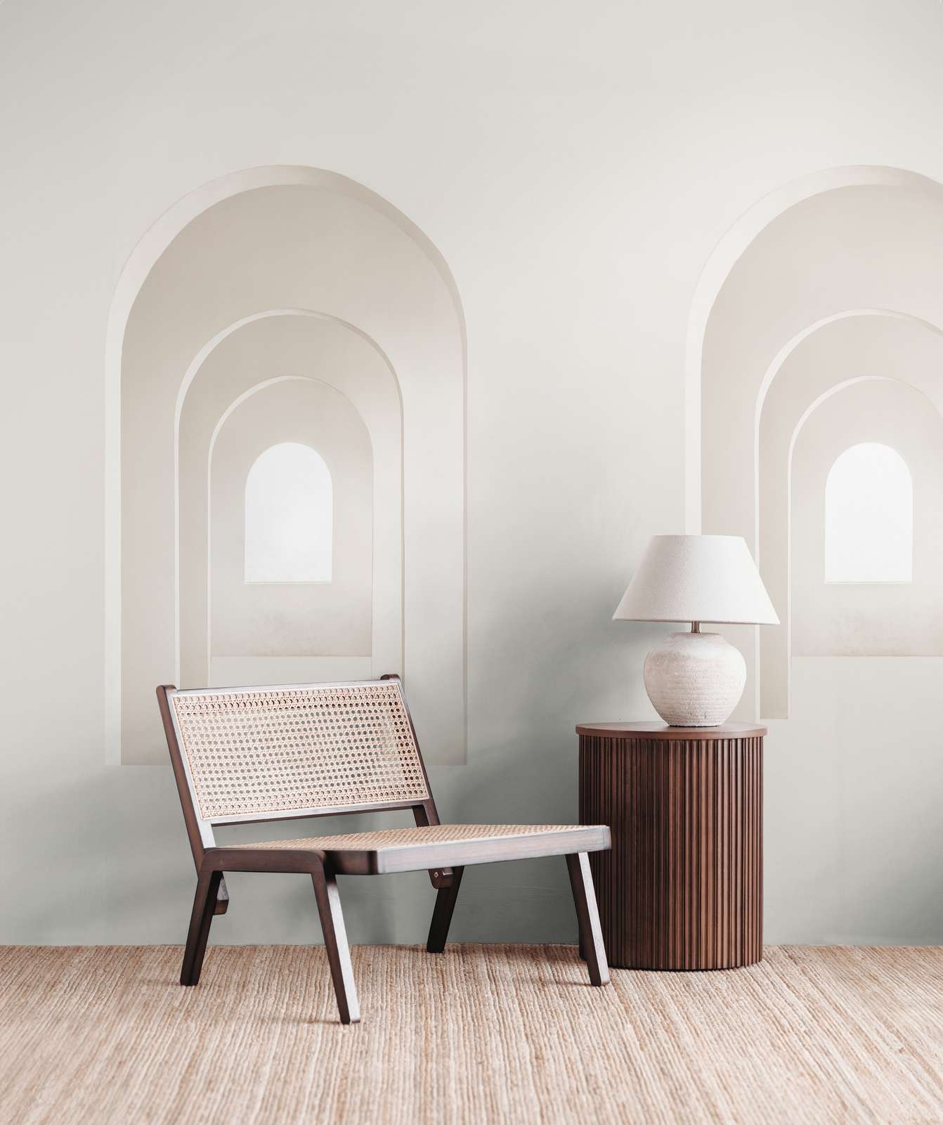             Elegant arches and windows as 3D non-woven wallpaper that creates an illusion of depth - cream, beige
        