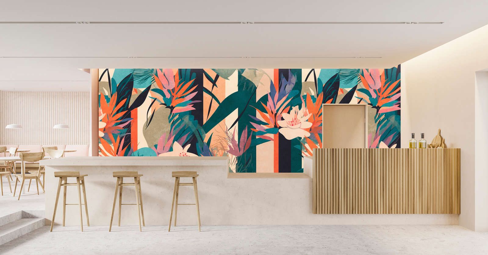             Digital behang »sarabi« - patroon met bloemen & grassen, strepen voor vintage pleisterstructuur - kleurrijk | mat, glad vlies
        