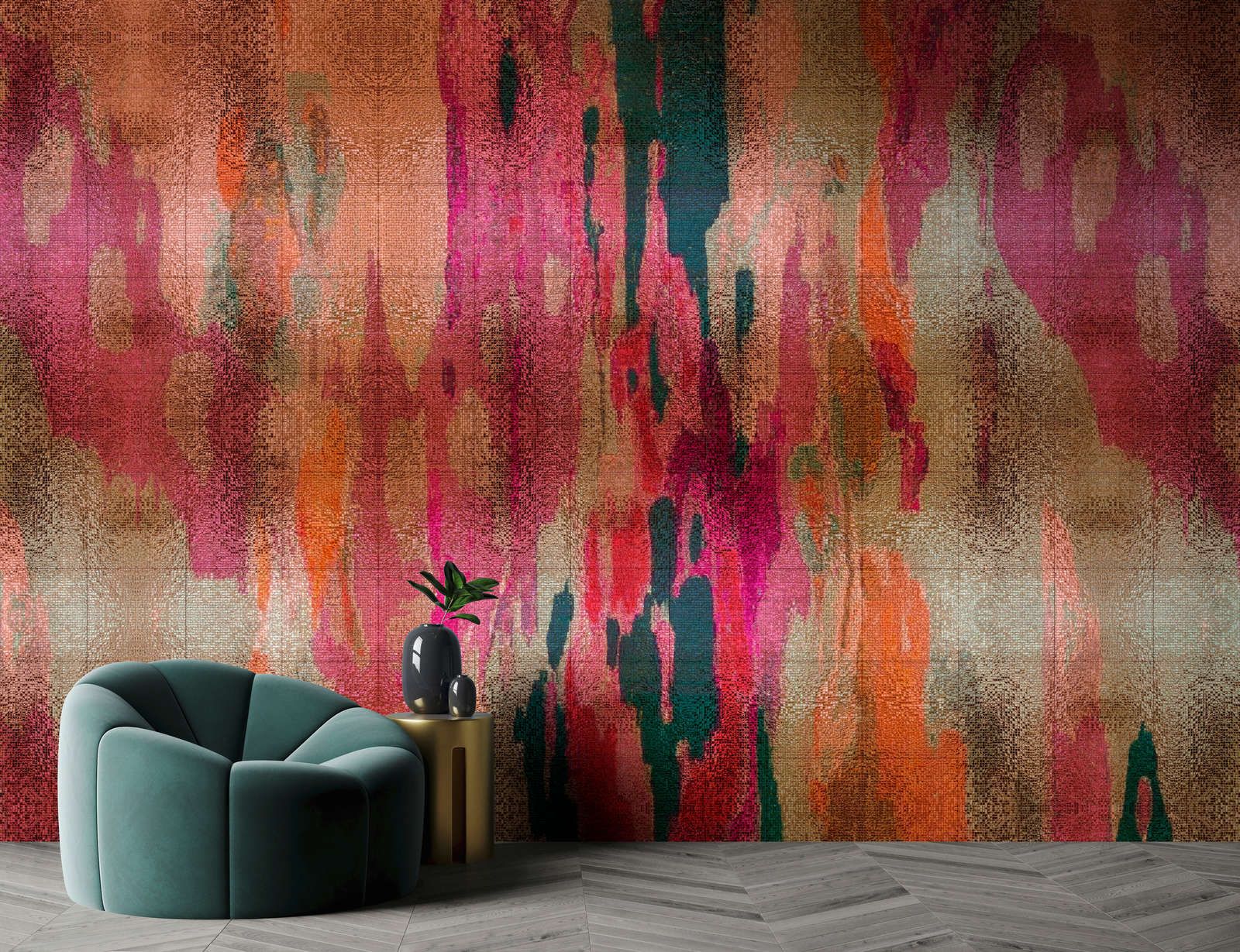             papier peint en papier panoramique »marielle 2« - dégradé de couleurs violet, orange, pétrole avec structure mosaïque - intissé mat et lisse
        