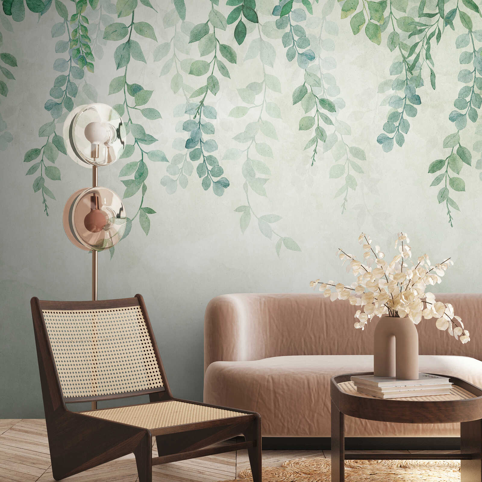 Non-woven wallpaper with leaf tendrils in a subtle watercolour look - green, blue, cream
