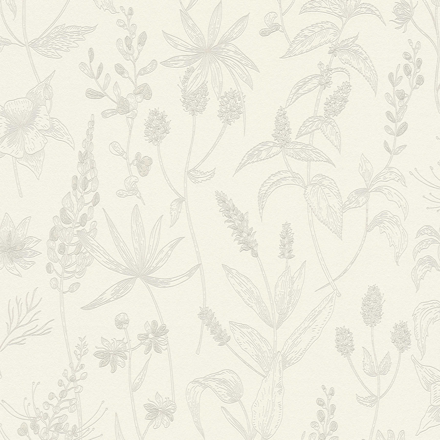         Non-woven wallpaper with floral pattern and metallic accent - beige, silver, white
    