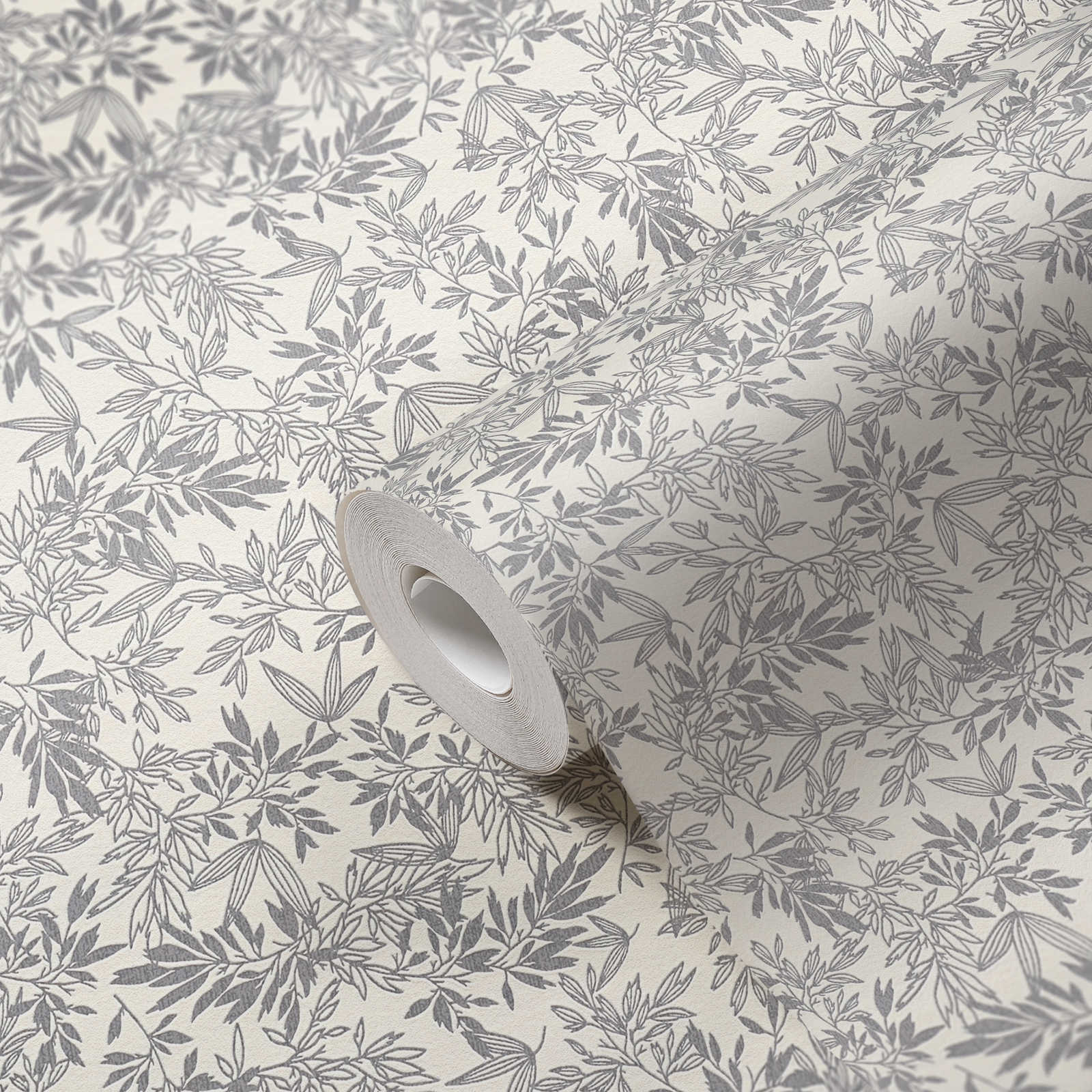             Papier peint floral avec motif de feuilles en mat - gris, blanc
        