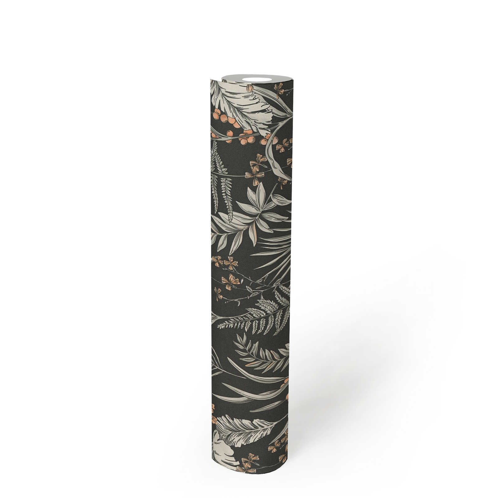             papier peint en papier floral de style contemporain avec fleurs et feuilles structurées - noir, blanc, orange
        