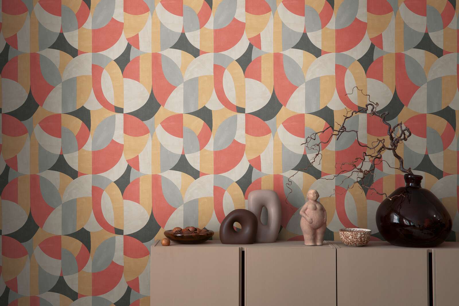             3D non-woven wallpaper in geometric Bauhaus style - grey, beige, red
        