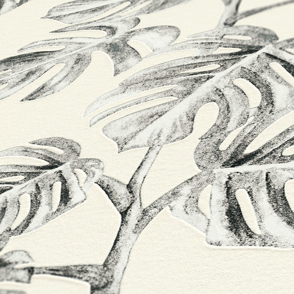             Non-woven wallpaper monstera vines, natural pattern - black, white, grey
        