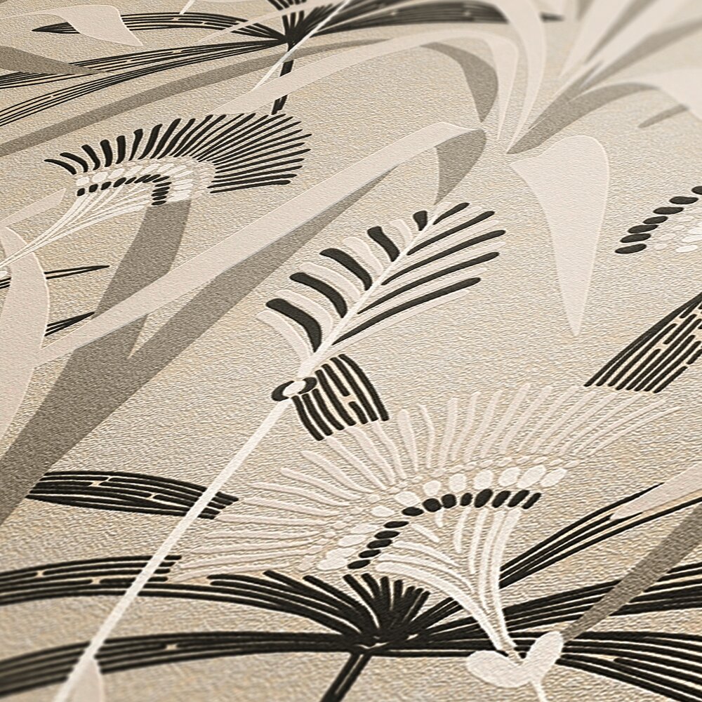             Non-woven wallpaper floral motif in retro design - black, white, grey
        