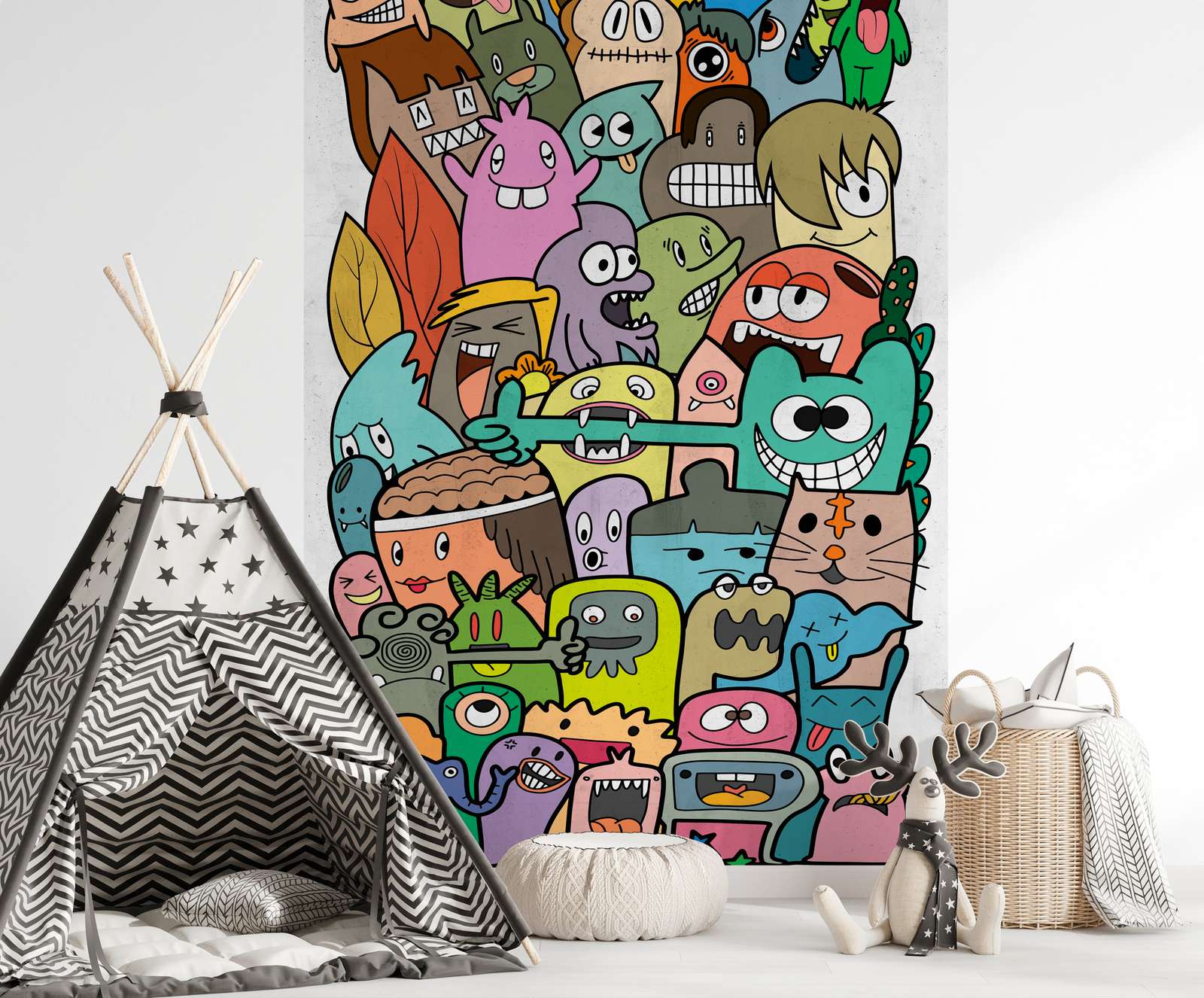             Non-woven wallpaper for children's rooms with cheerful monster figures and a large-scale pattern repetition - colourful, green, pink
        