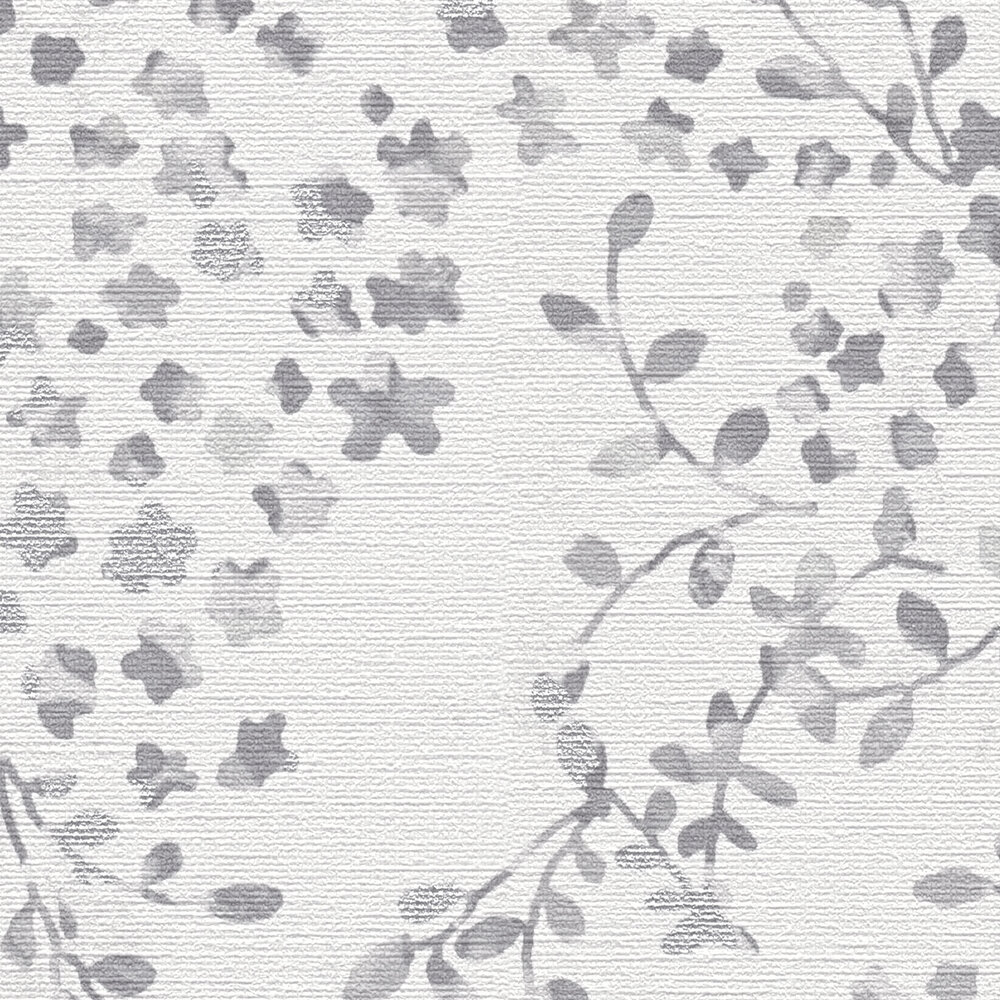             Non-woven wallpaper with tendril motif and light silver accents - grey, white, silver
        