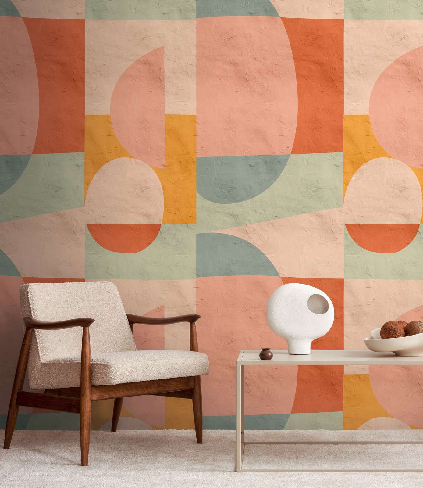             Non-woven wallpaper with abstract shapes in Bauhaus style and bright pastel colours - pink, orange, yellow
        