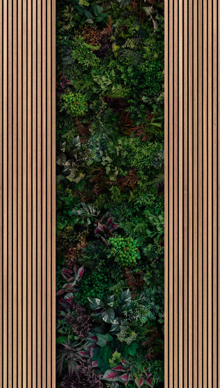             Non-woven wallpaper wood acoustic panels with forest plants and a large-scale pattern repetition - brown, green, black
        