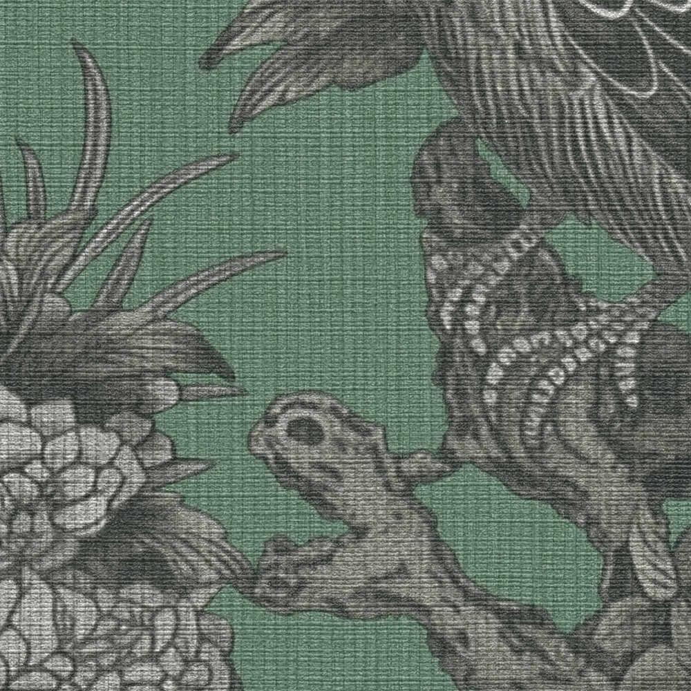             Floral pattern with birds in English country house style as non-woven wallpaper - grey, green, black
        