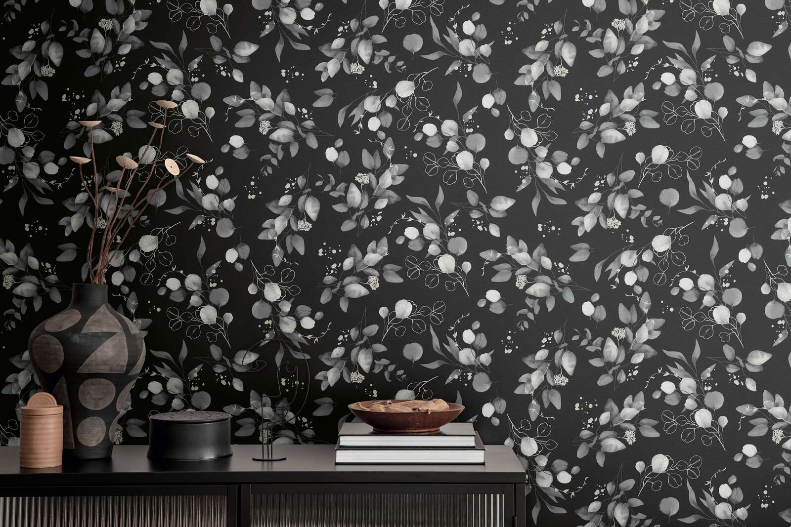             Glittering non-woven wallpaper with floral and tendril pattern - black, grey, silver
        