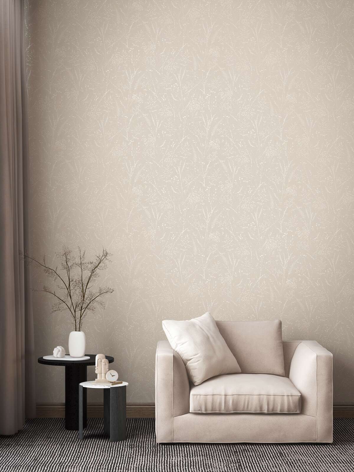             Glittering non-woven wallpaper with filigree tendrils and leaves - brown, beige, white
        