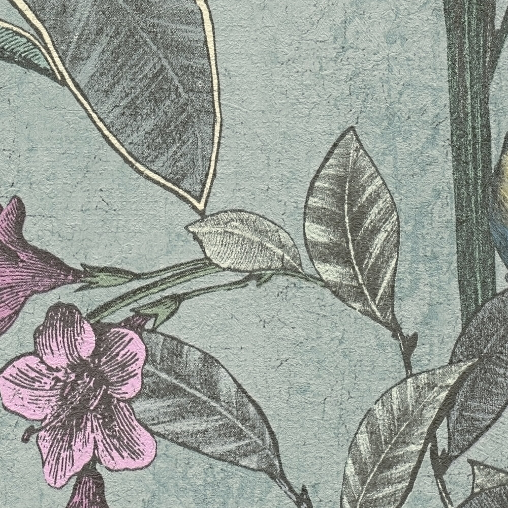             Non-woven wallpaper jungle with parrot in vintage design - green, blue, pink
        