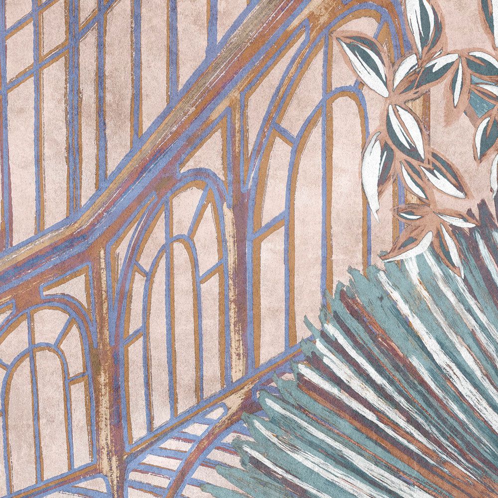             Photo wallpaper »orangerie 2« - gazebo with jungle leaves on vintage plaster texture - rose, turquoise | light textured non-woven
        