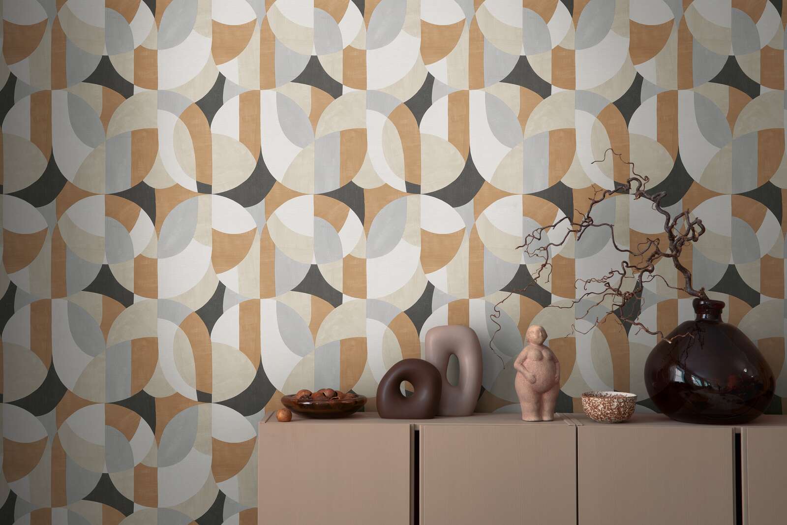             Non-woven wallpaper with abstract and graphic design - white, beige, black
        