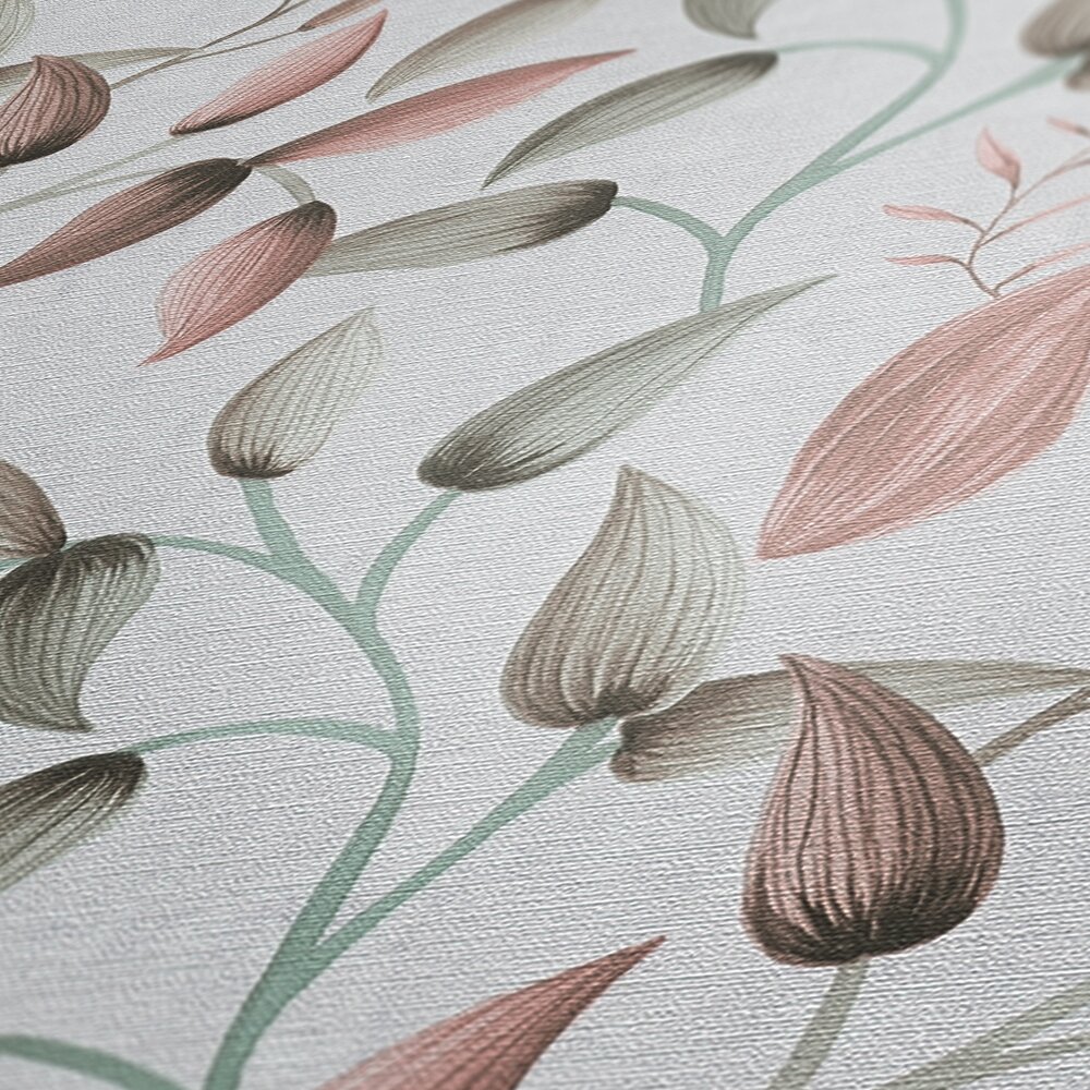             Papel pintado no tejido con suaves zarcillos florales - verde, rosa, crema
        