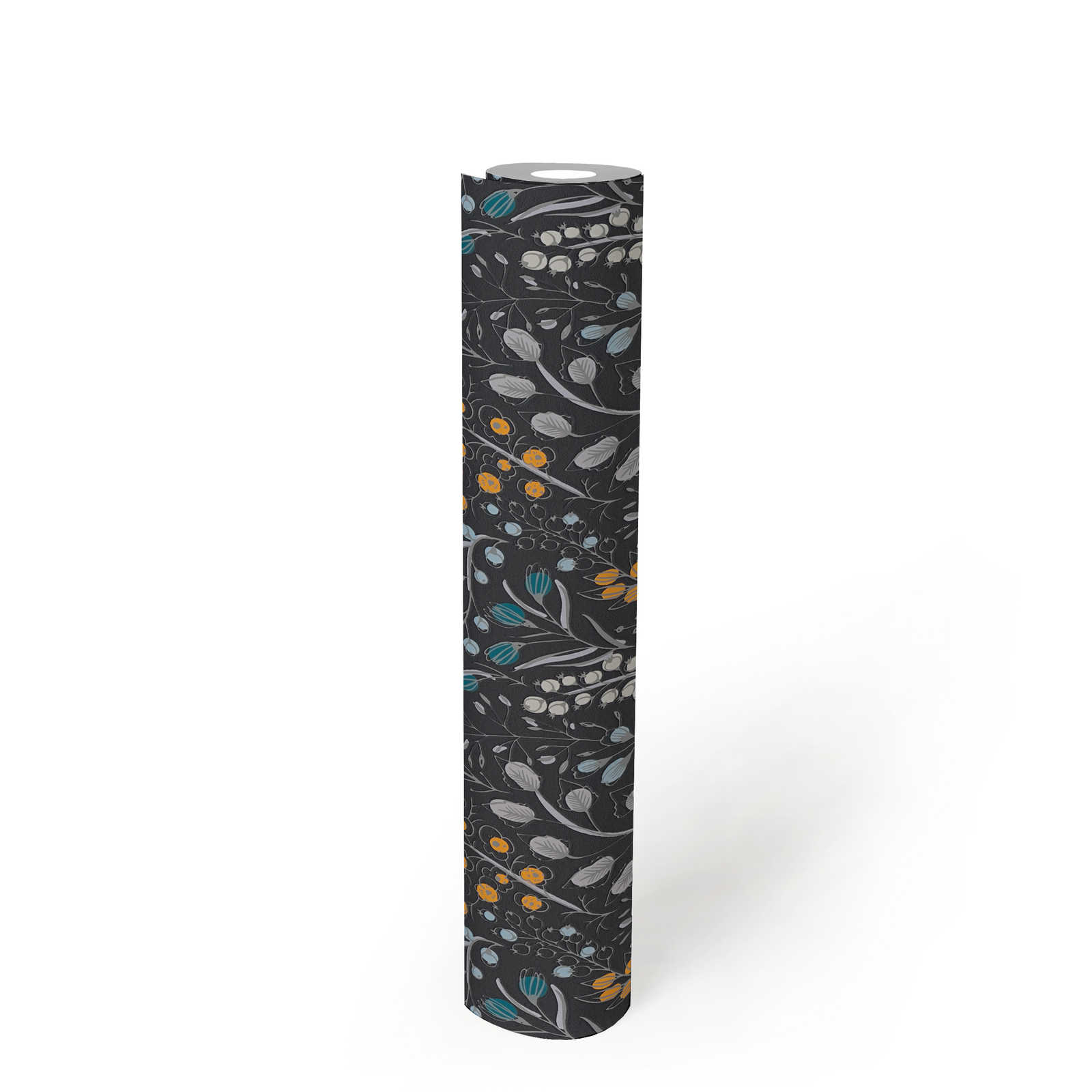             Papier peint à motifs floraux & abstraits mat - noir, jaune, bleu
        