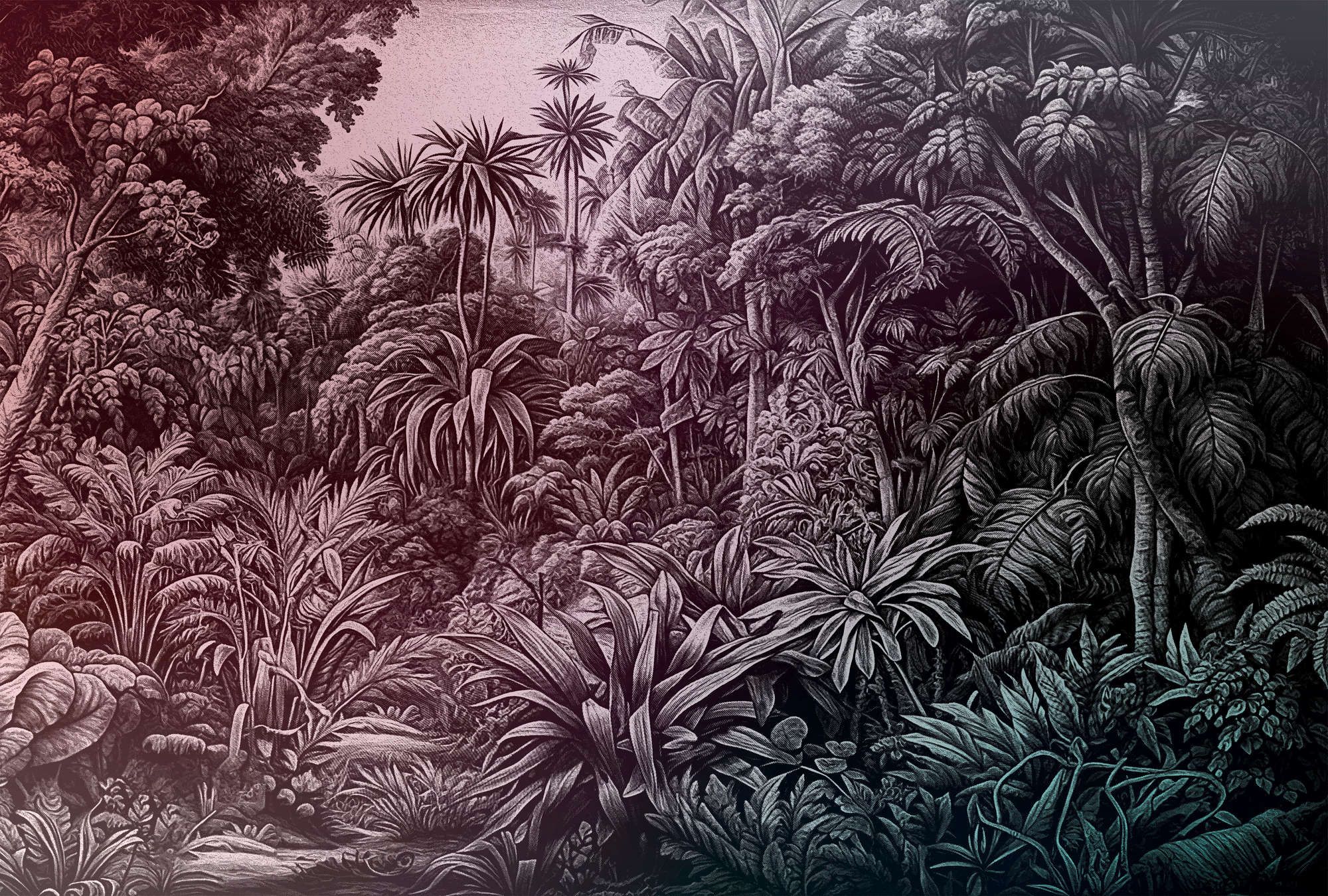             Fotomurali »livia« - Design della giungla con sfumature di colore - dal viola al verde scuro | Materiali non tessuto a trama leggera
        