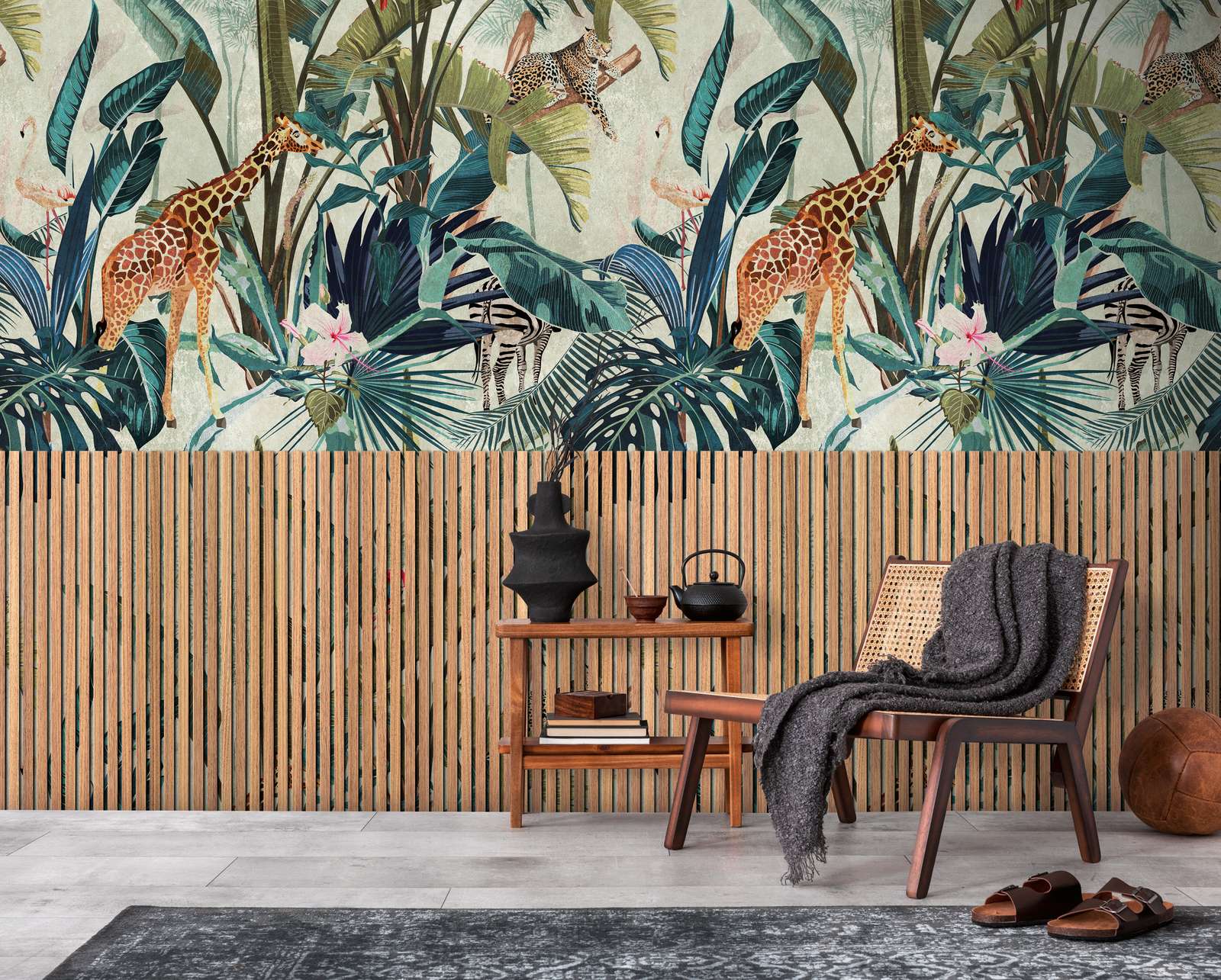             Bamboo acoustic panels non-woven wallpaper with jungle animals and a large-scale pattern repetition - beige, brown, blue
        