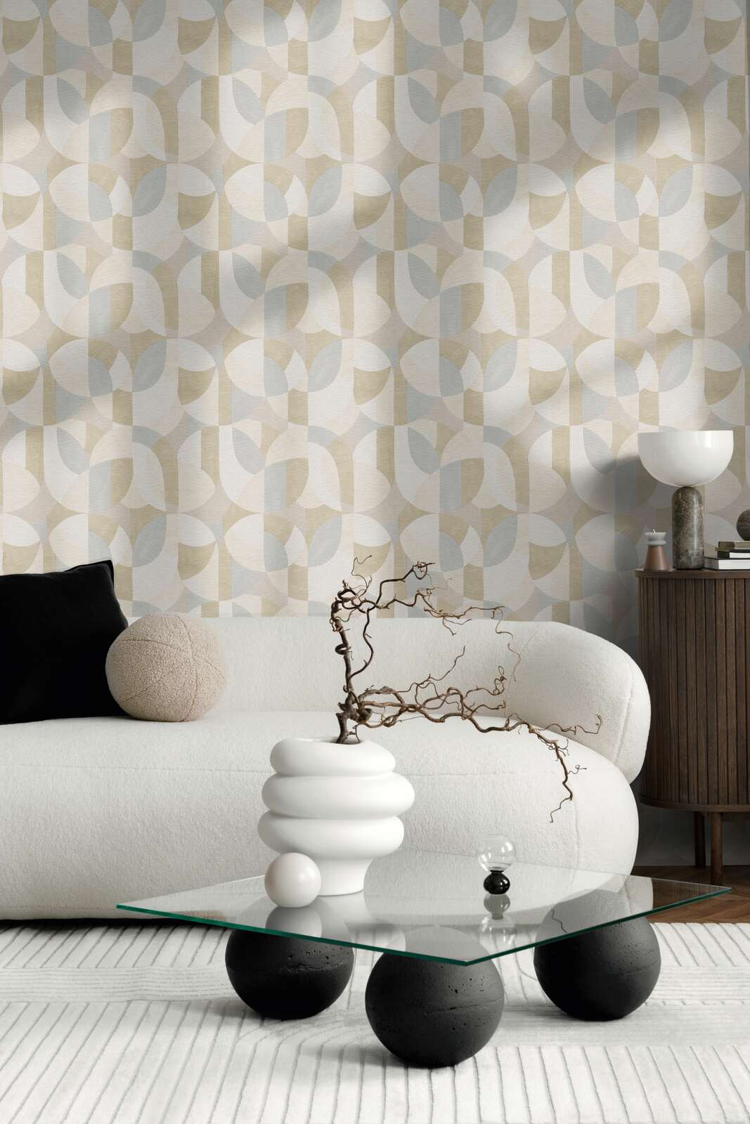             Abstract graphic non-woven wallpaper in Bauhaus style - grey, cream, beige
        