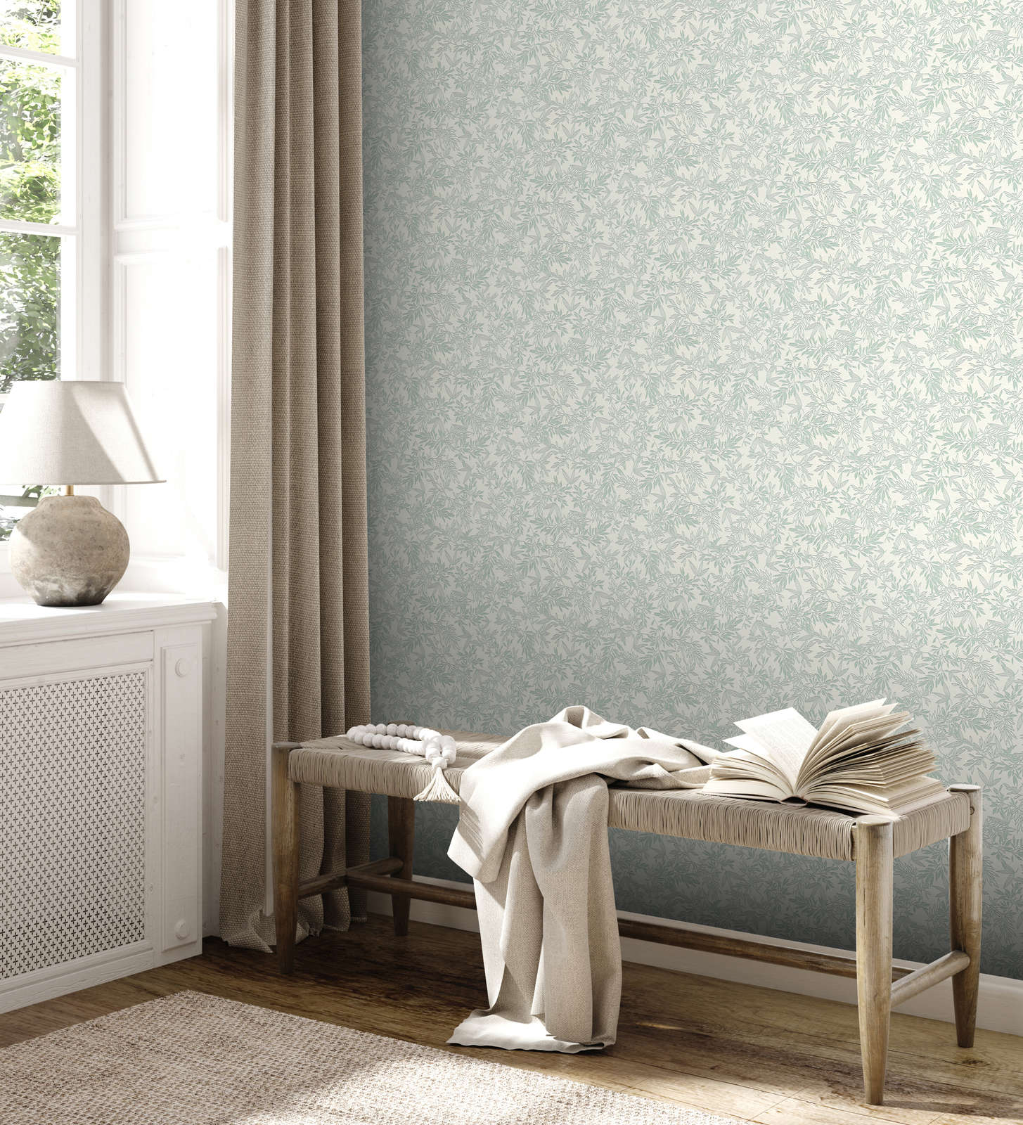             Papier peint intissé avec motif à grandes feuilles mat - vert, blanc
        