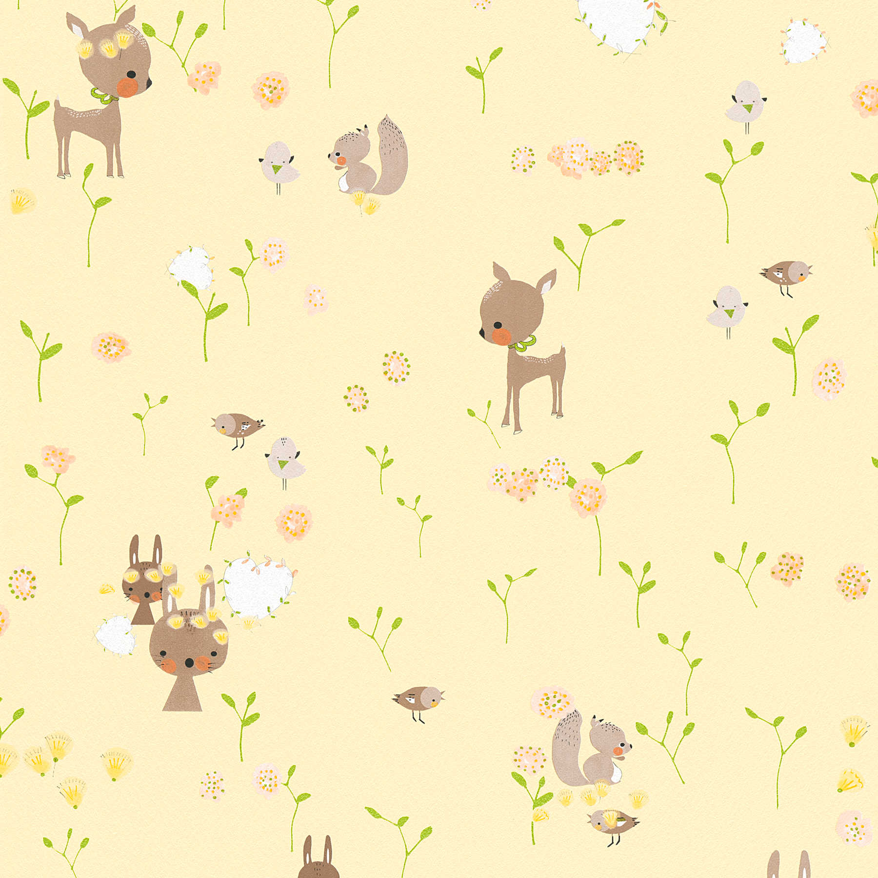         Papel pintado con animales del bosque para la habitación del bebé y de los niños - Amarillo, Verde
    