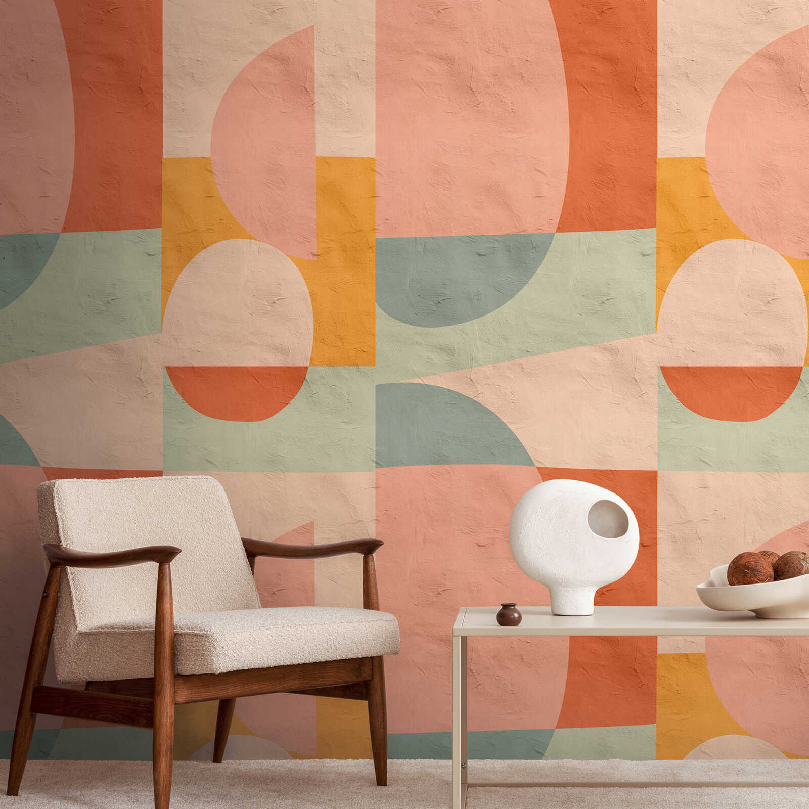             Non-woven wallpaper with abstract shapes in Bauhaus style and bright pastel colours - pink, orange, yellow
        