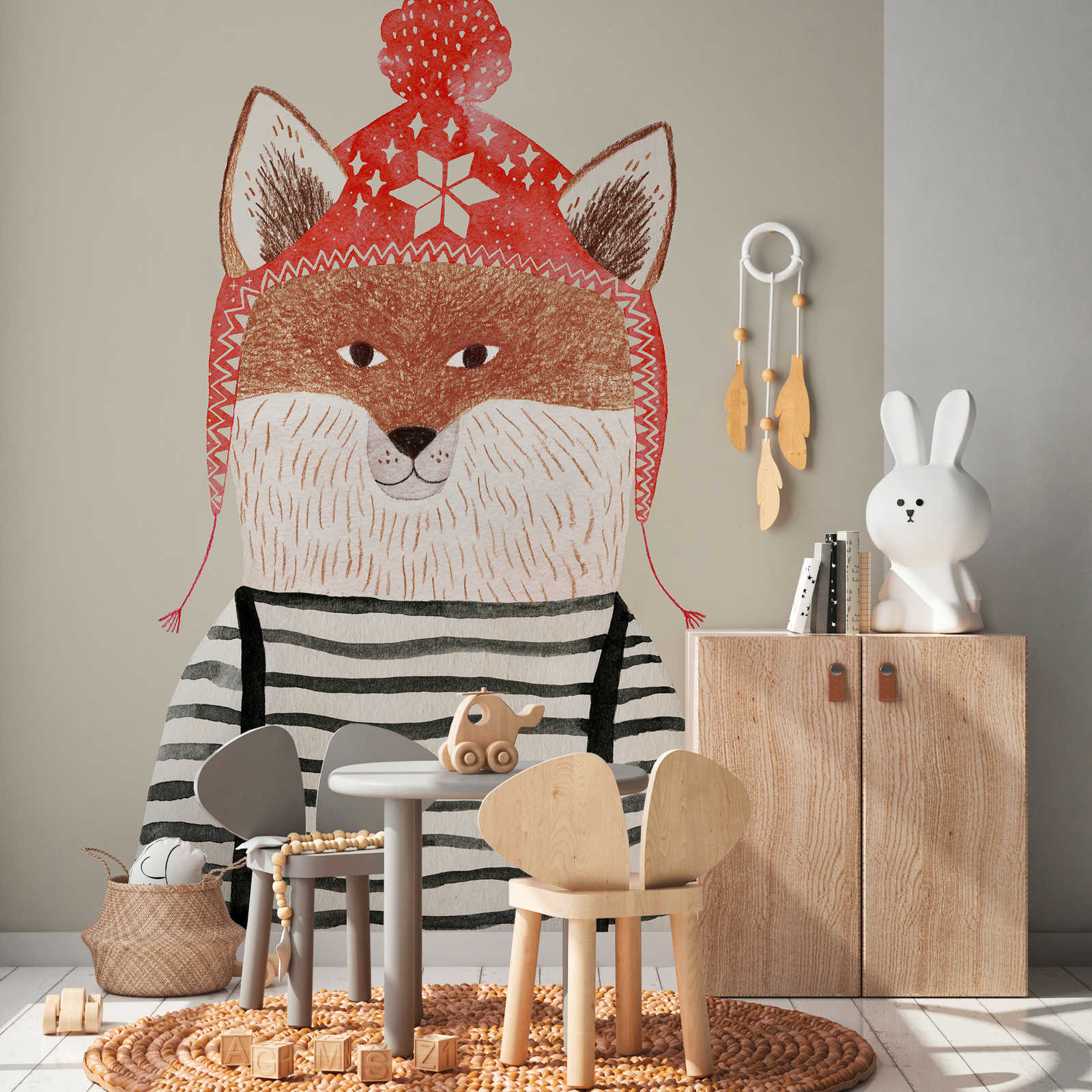 Fox with pom-pom hat mural - Smooth & slightly shiny non-woven
