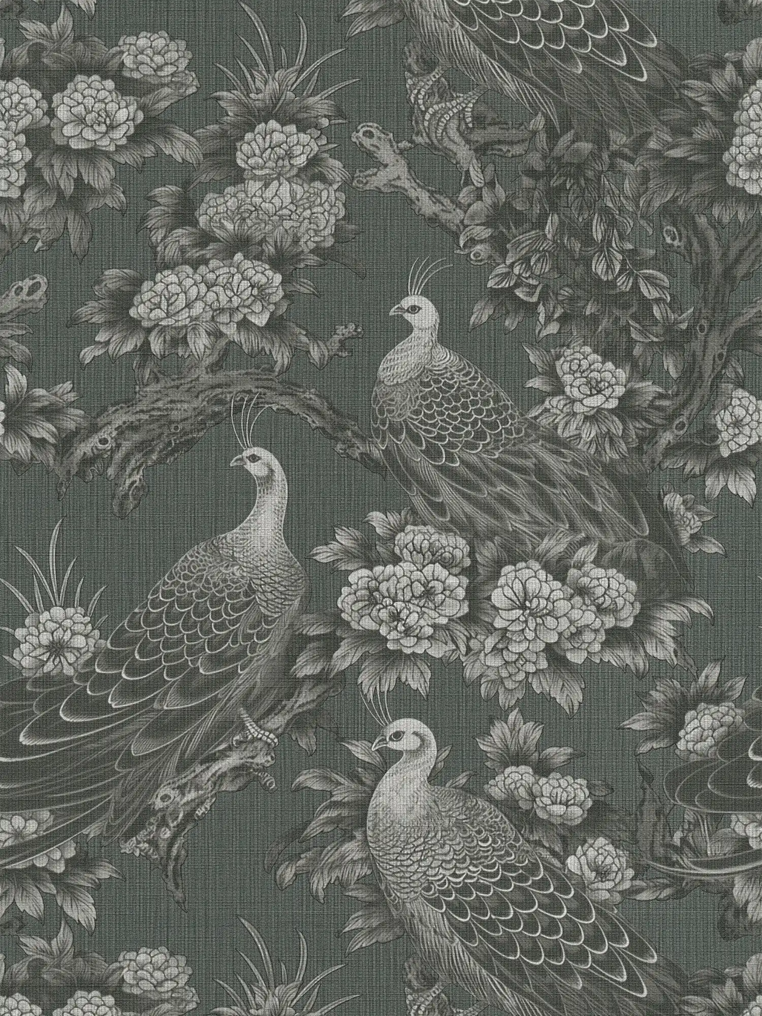 Non-woven wallpaper in English country house style floral - grey, black
