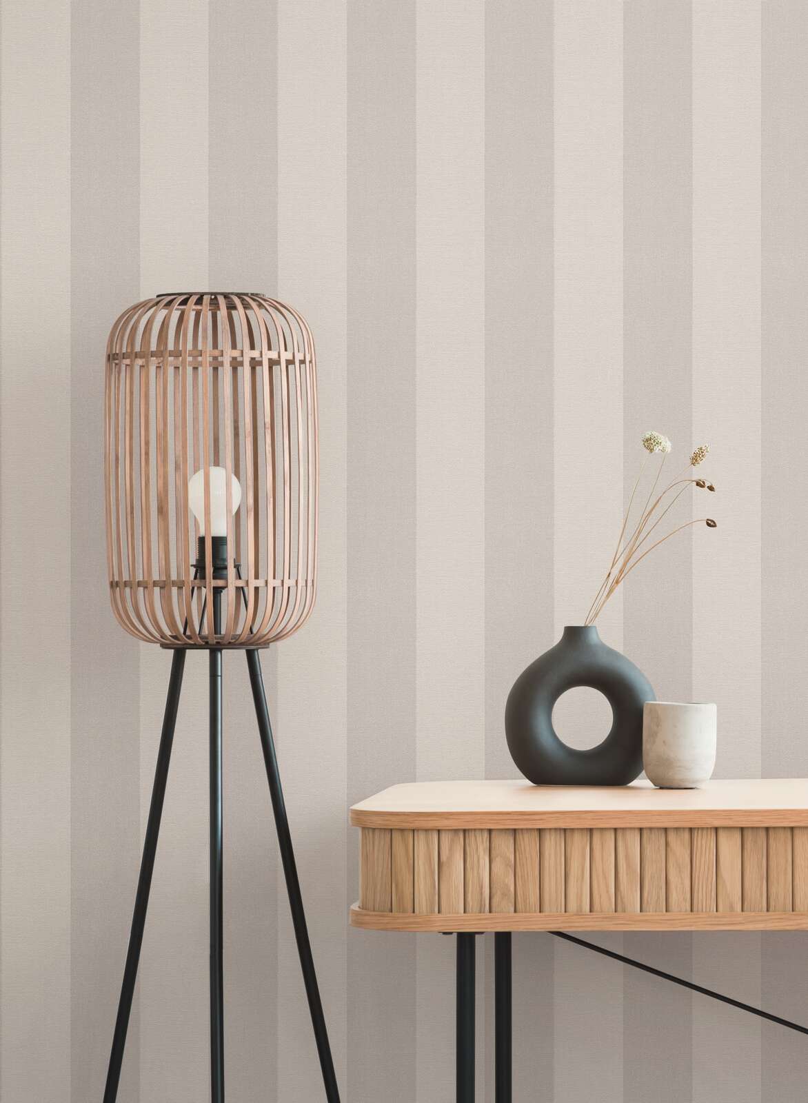             Non-woven wallpaper with textured block stripe look - beige, cream, grey
        