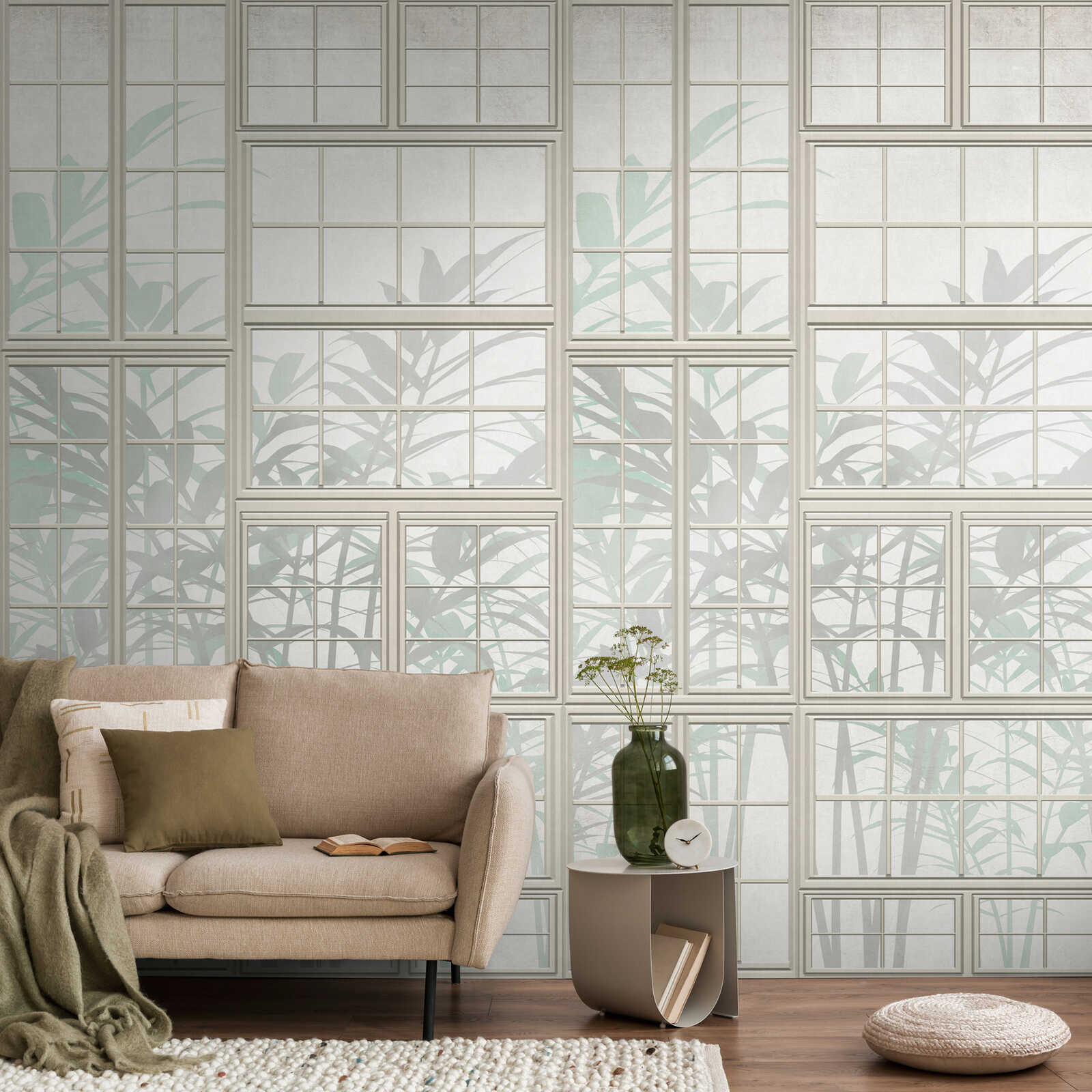             Loft window front 3D non-woven wallpaper with subtle plant silhouette and large-scale pattern repetition - cream, beige, green
        