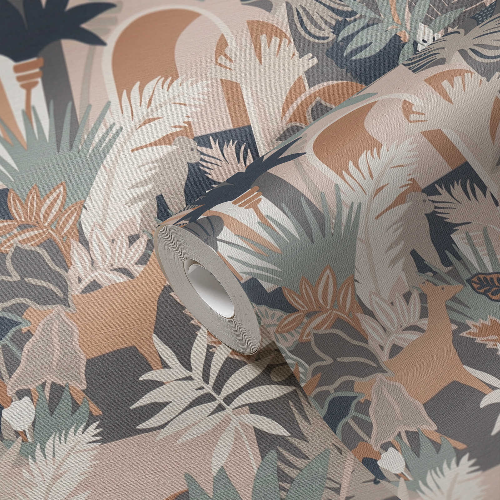             Non-woven wallpaper in subtle colours with animals - multicoloured, brown, pink
        