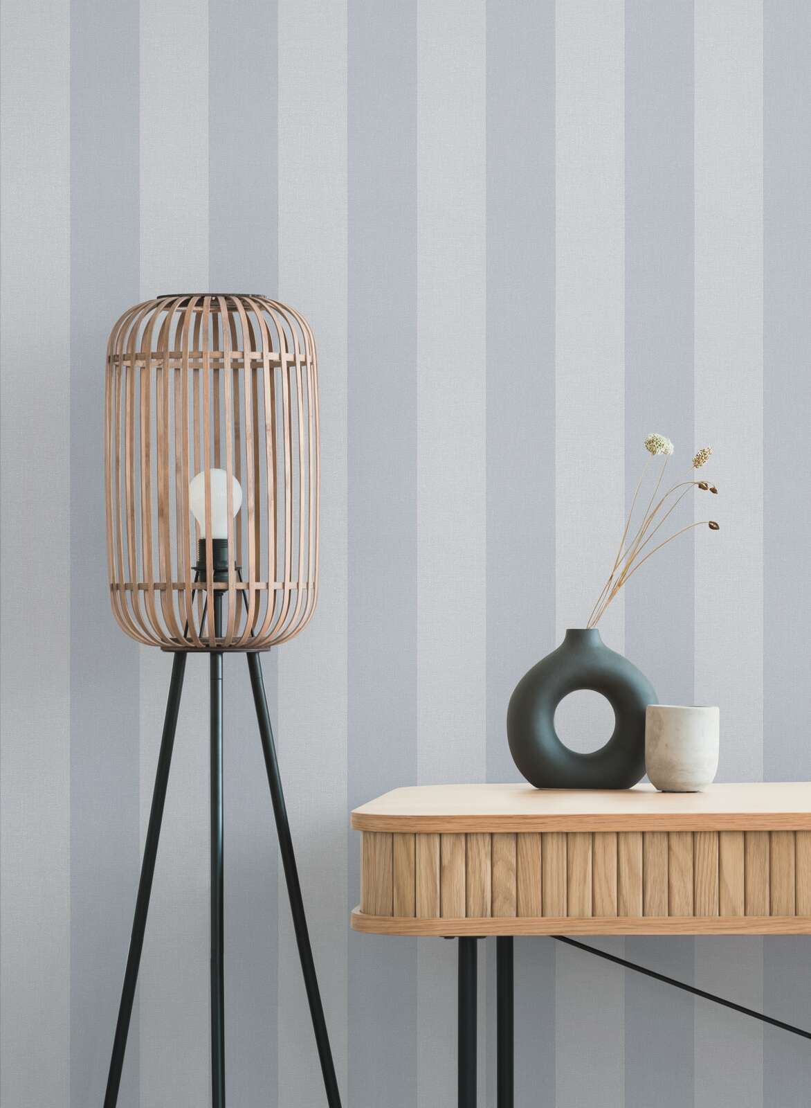             Non-woven wallpaper with stripes and textured pattern - blue, grey
        