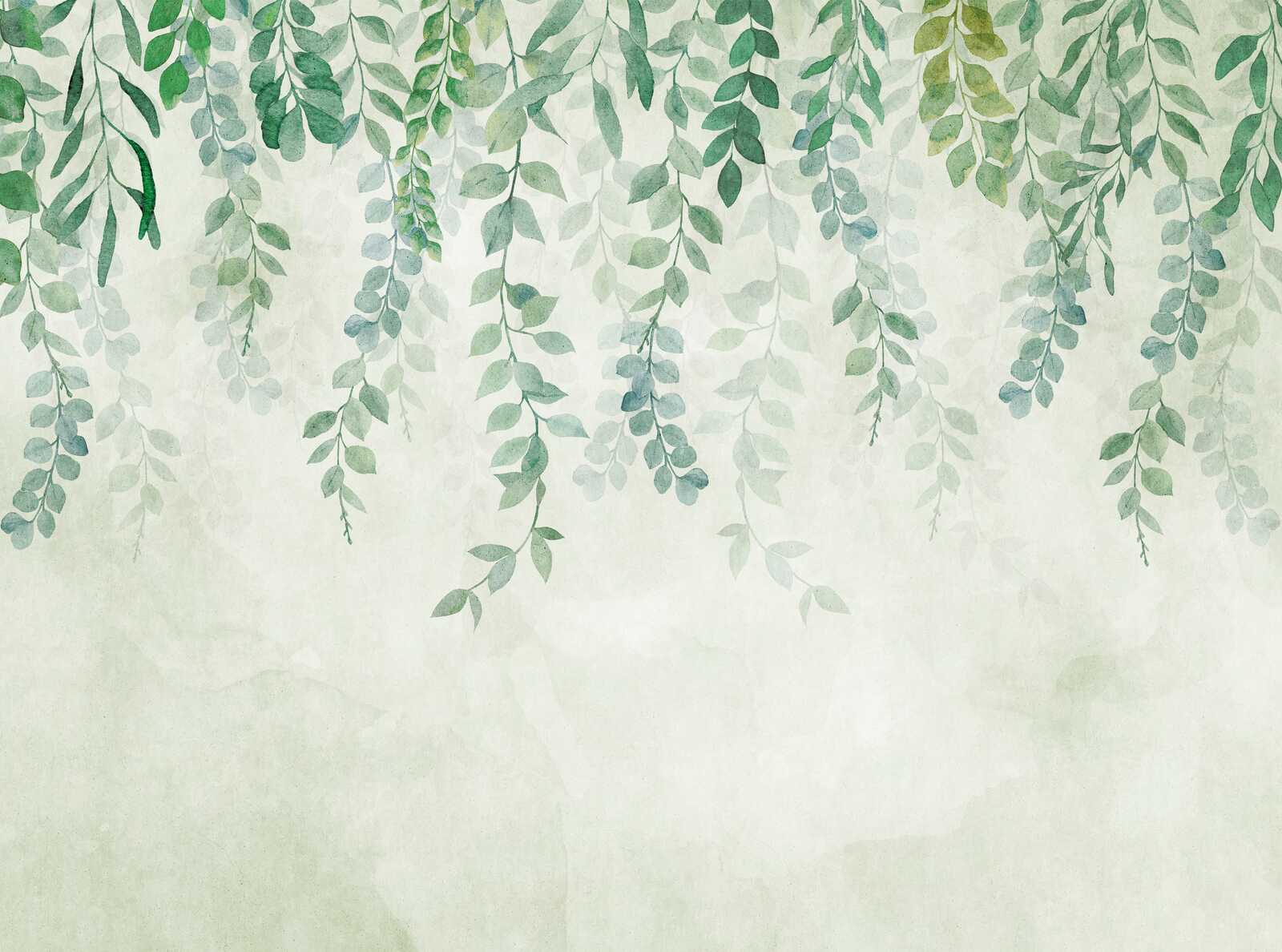             Non-woven wallpaper with leaf tendrils in a subtle watercolour look - green, blue, cream
        