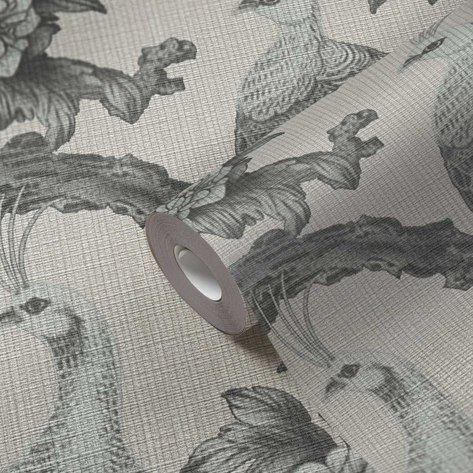             English country style floral pattern with birds as non-woven wallpaper - grey, beige
        