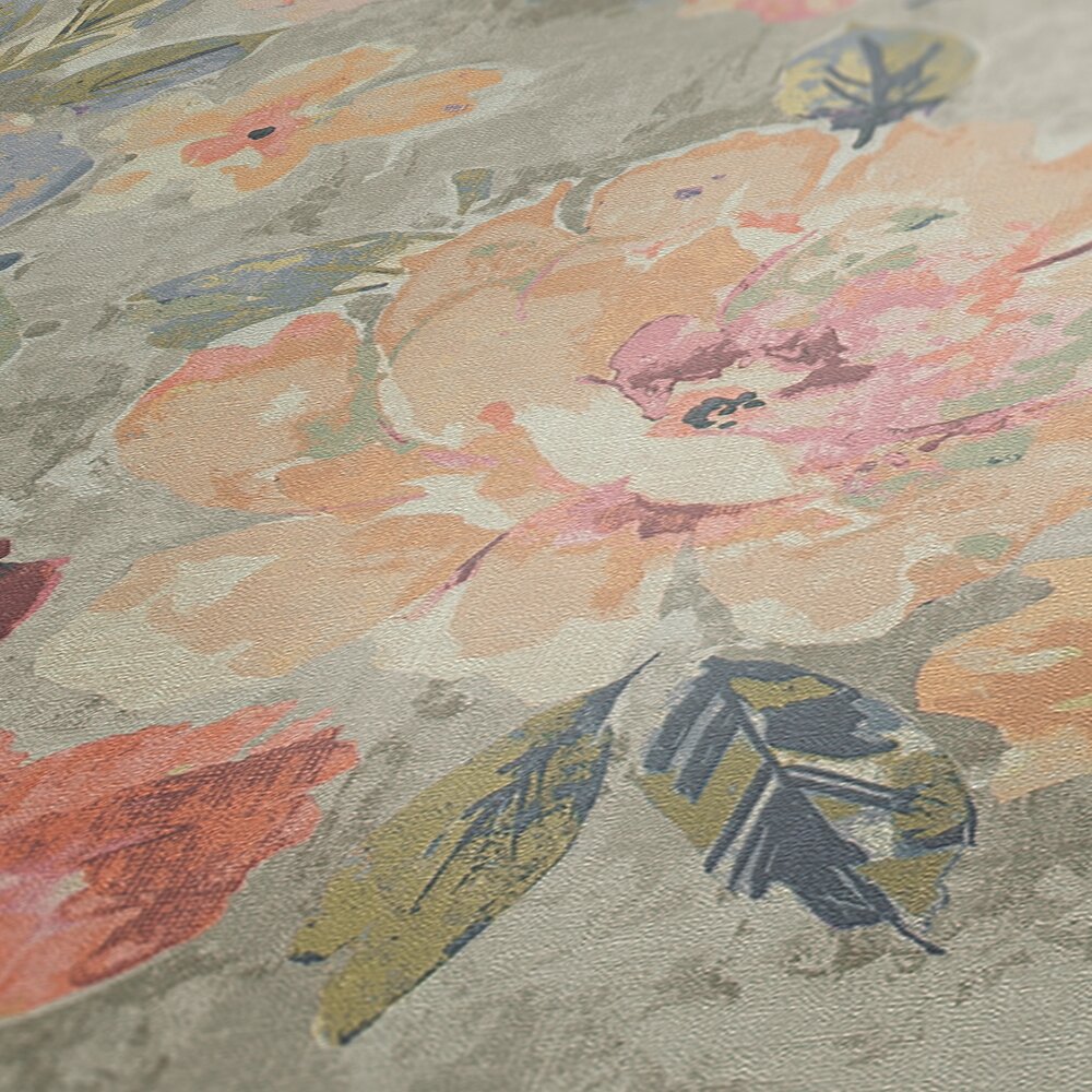             Non-woven floral wallpaper in watercolour and vintage look - colourful, grey, pink
        