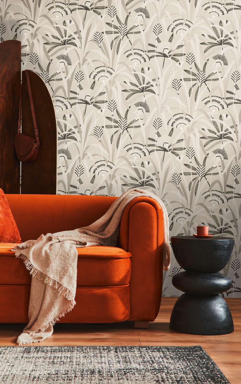             Non-woven wallpaper floral motif in retro design - black, white, grey
        