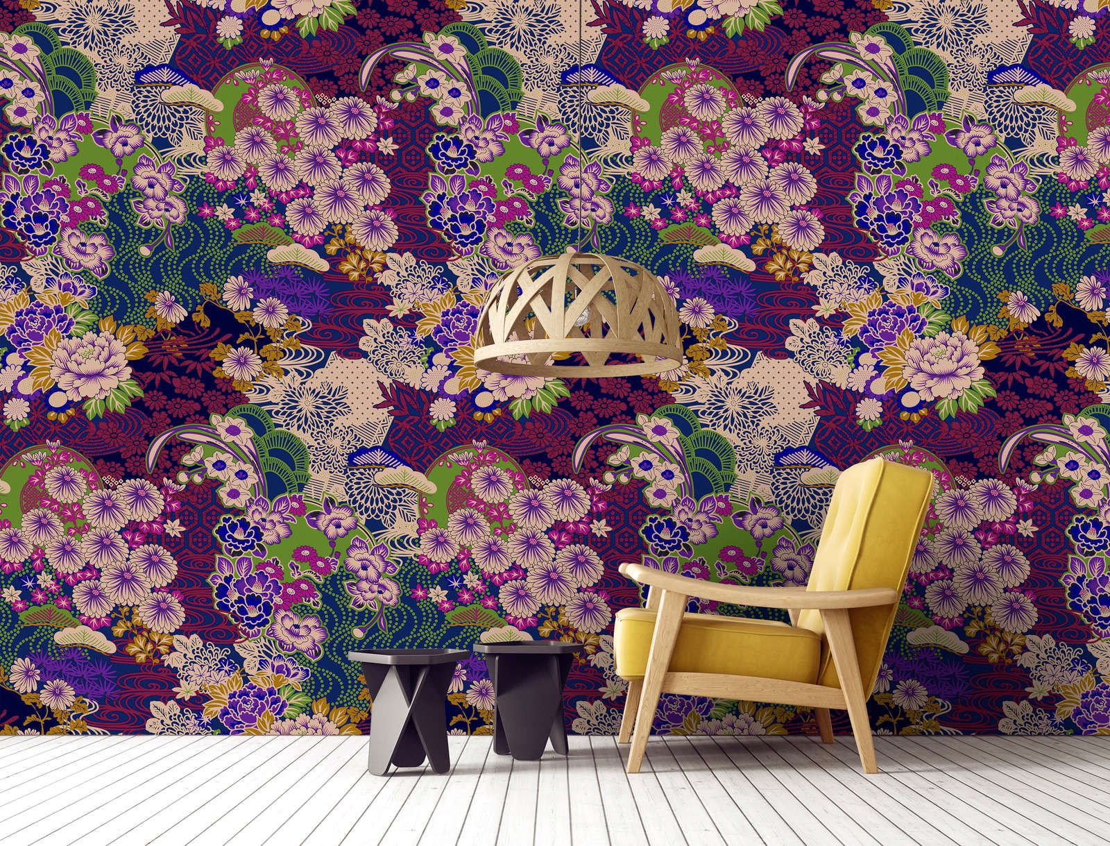             papier peint en papier panoramique »kimo 2« - art floral abstrait - violet, vert | Intissé mat et lisse
        
