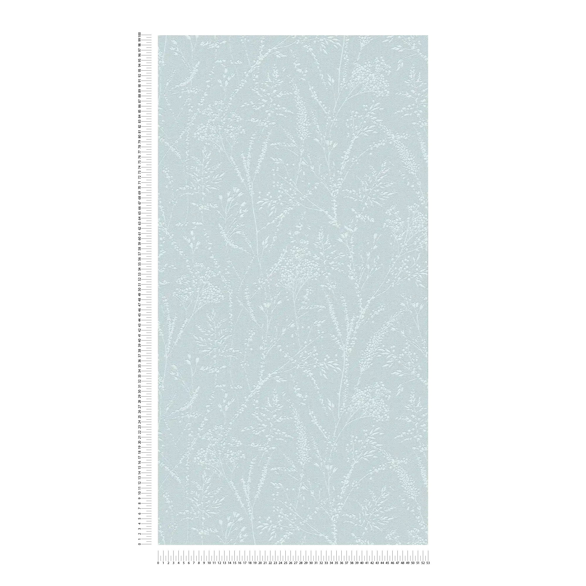             Non-woven wallpaper with glittering floral and tendril design on textile surface - light blue, white
        