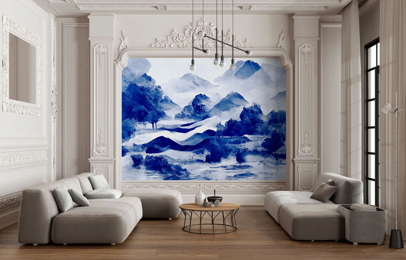             Photo wallpaper »tinterra 3« - Landscape with mountains & fog - Blue | Smooth, slightly pearly shimmering non-woven fabric
        