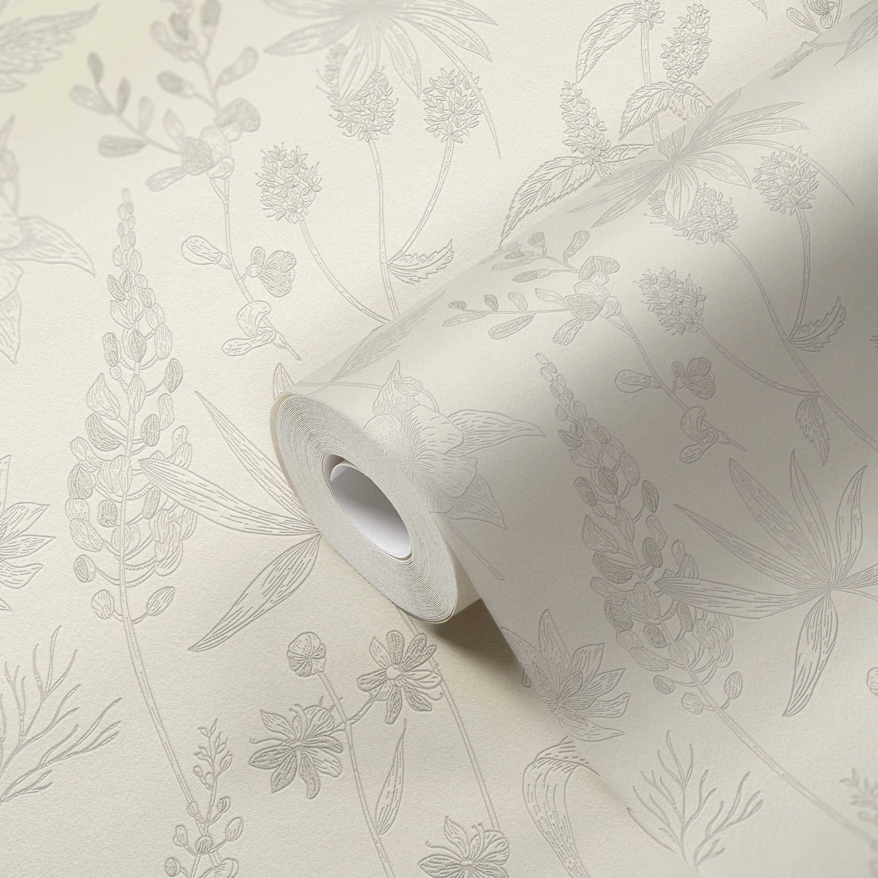             Papier peint intissé avec motif floral et accent métallique - beige, argent, blanc
        